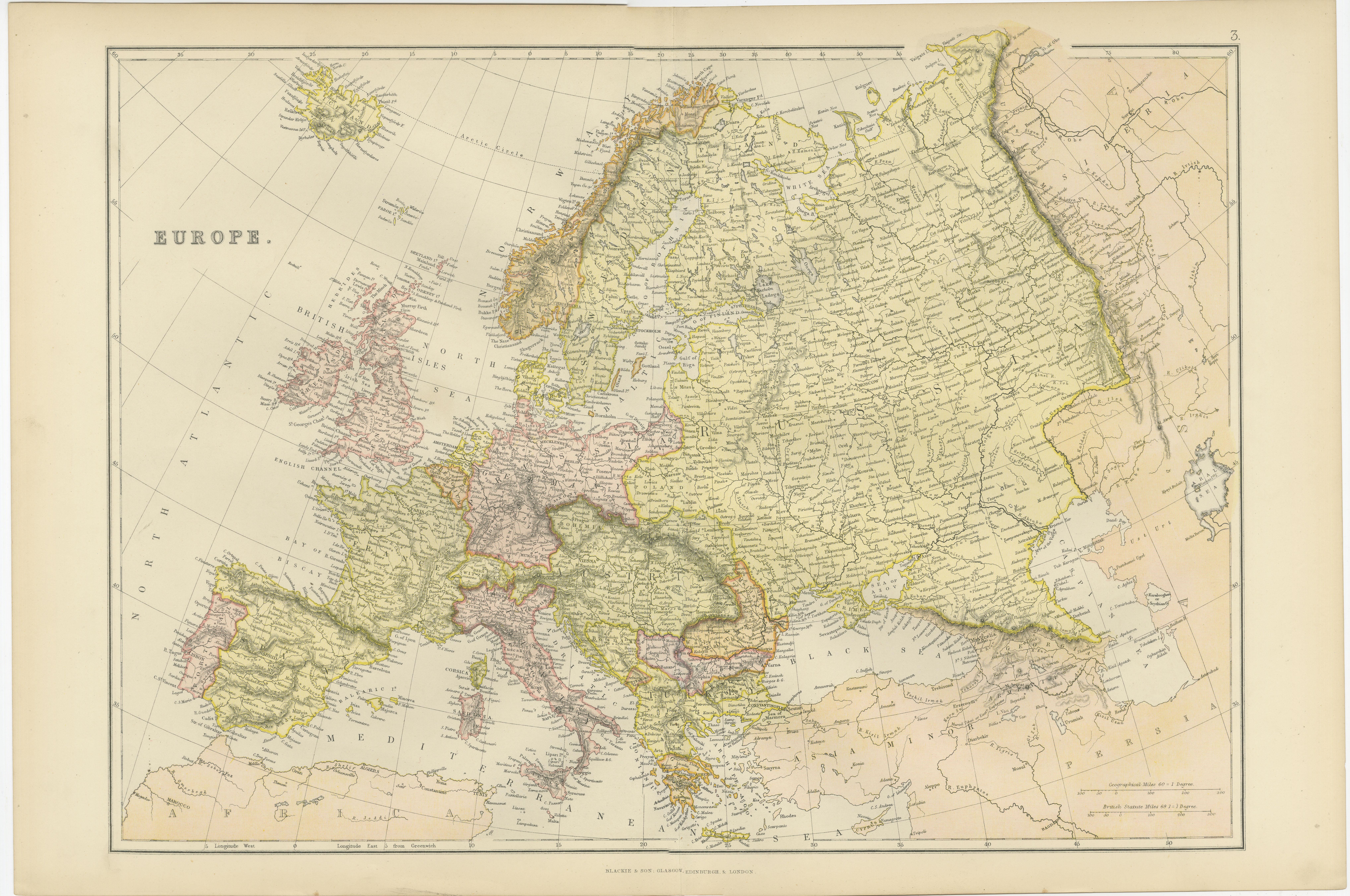 Farbenfrohe detaillierte antike Karte von Europa, veröffentlicht im Jahr 1882 im Zustand „Gut“ im Angebot in Langweer, NL