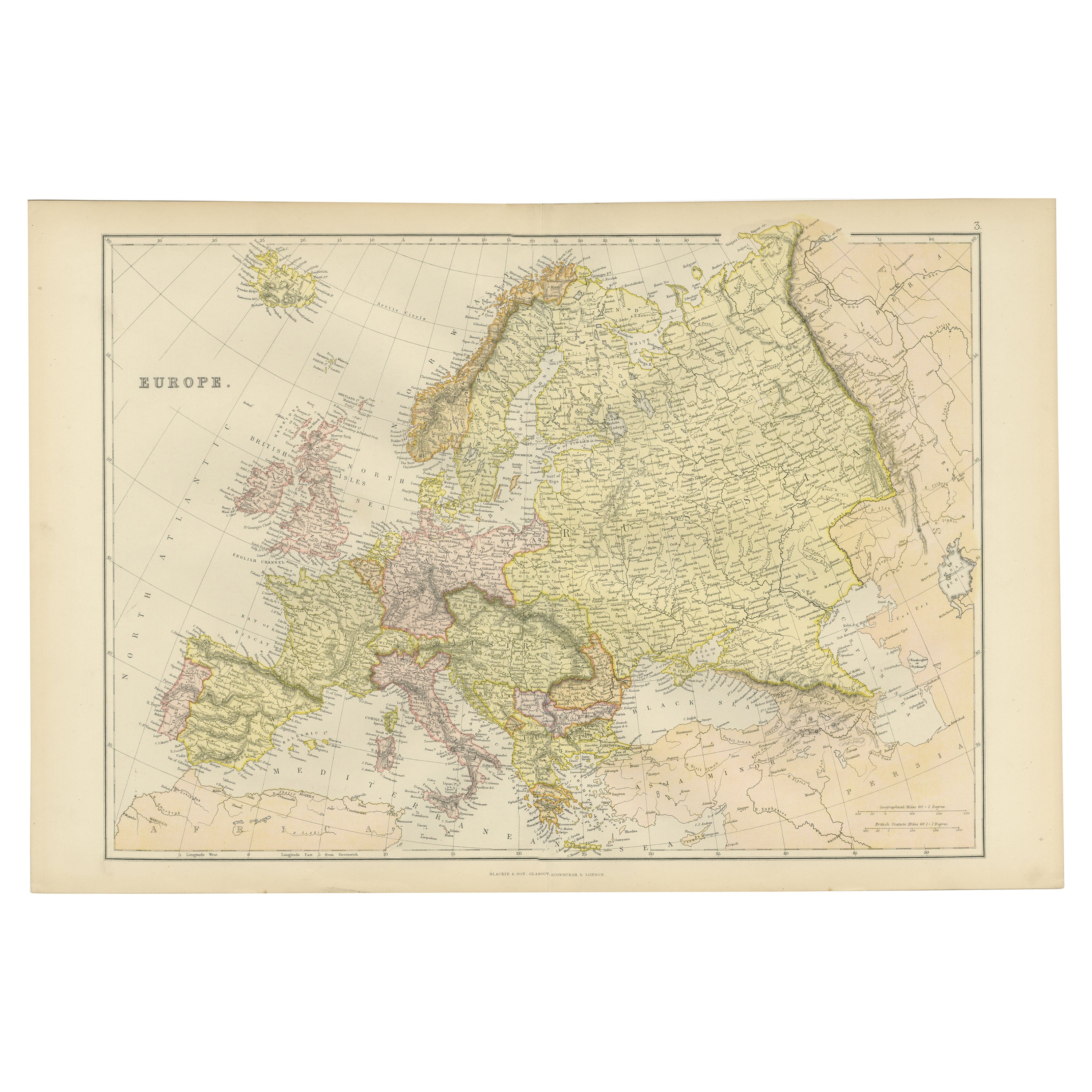 Carte ancienne d'Europe aux détails colorés, publiée en 1882
