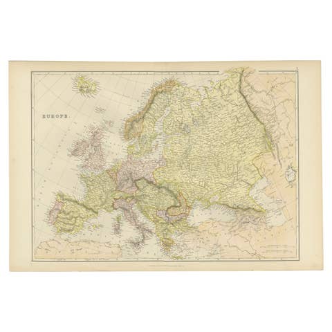 Colorful Detailed Antique Map of Europe, Published in 1882