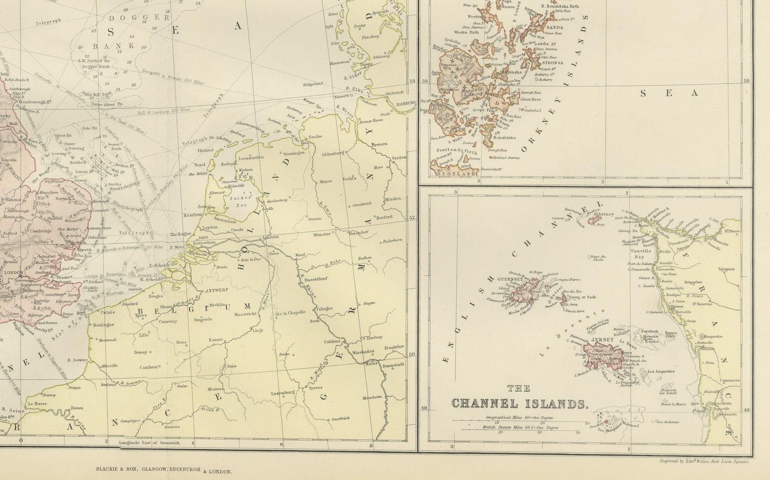 Colorful Detailed Antique Map of The British Islands and `The North Sea, 1882 In Good Condition For Sale In Langweer, NL