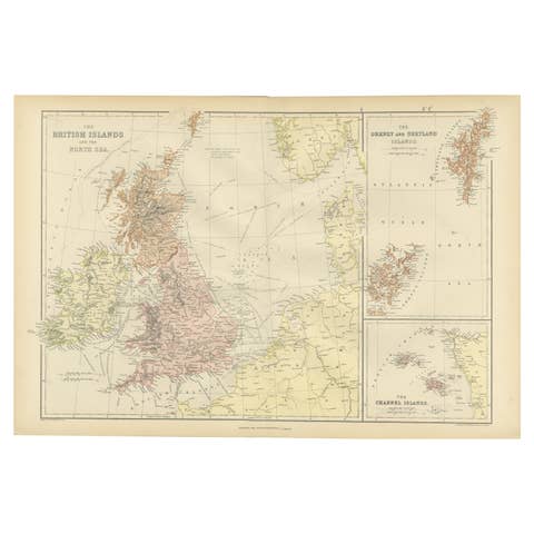 Colorful Detailed Antique Map of The British Islands and `The North Sea, 1882