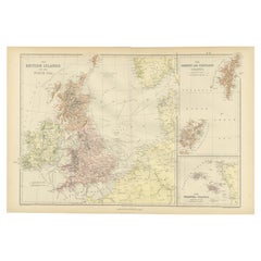 Colorful Detailed Antique Map of The British Islands and `The North Sea, 1882