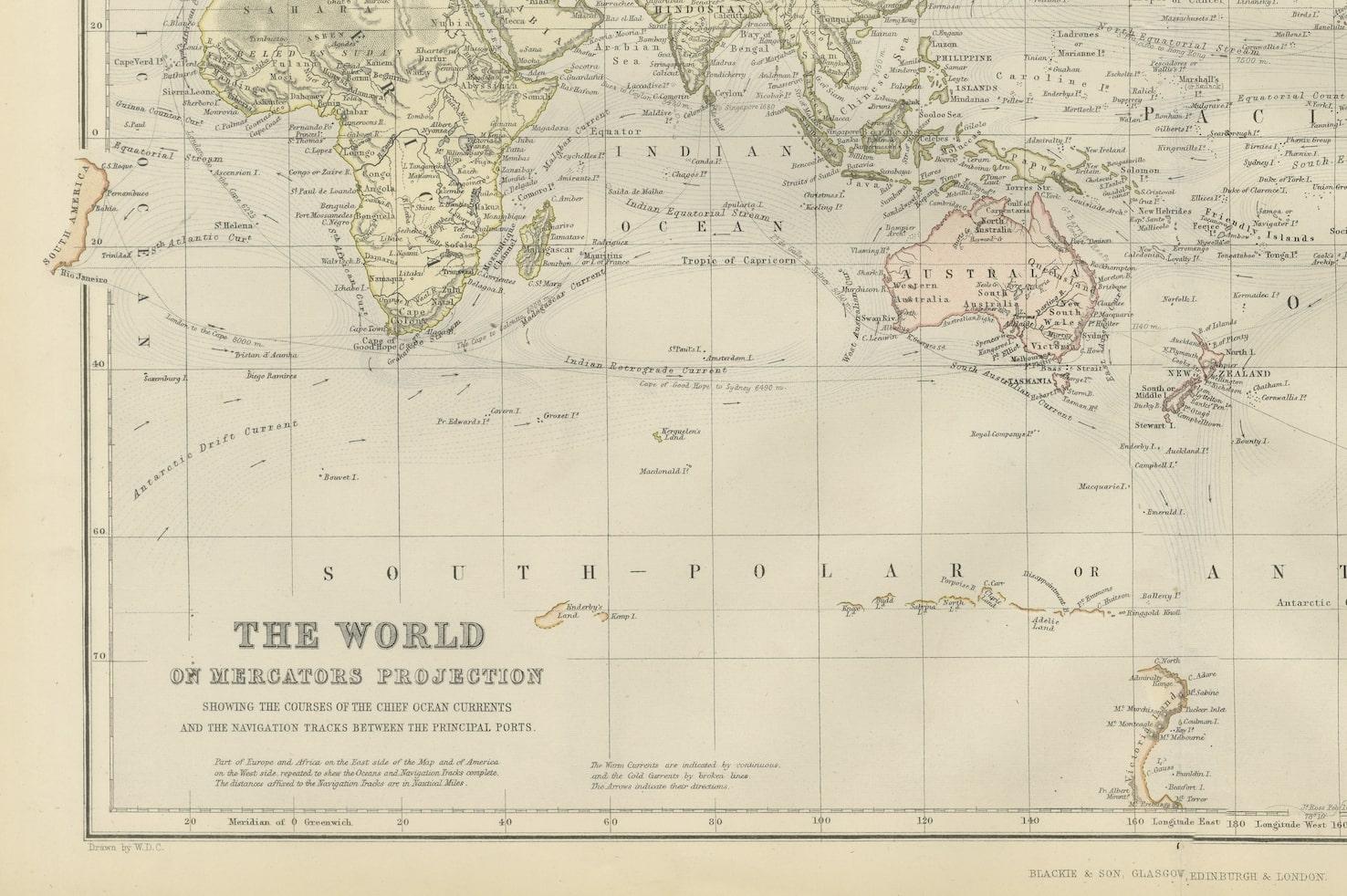 Late 19th Century Colorful Detailed Antique Map of The World on Mercators Projection, 1882 For Sale
