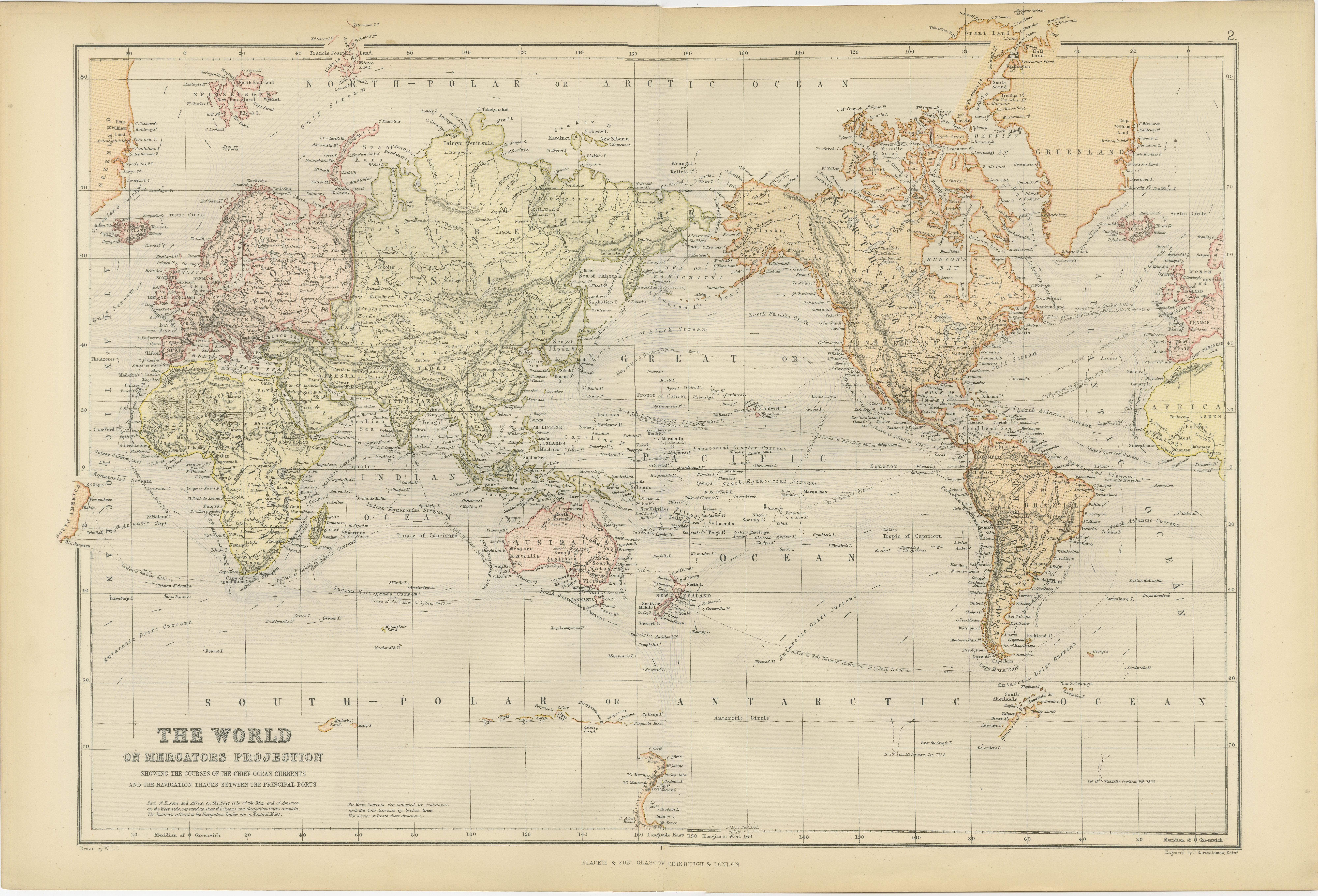 Paper Colorful Detailed Antique Map of The World on Mercators Projection, 1882 For Sale