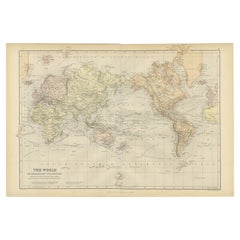 Mappa antica dettagliata e colorata del mondo su proiezione di Mercatori, 1882