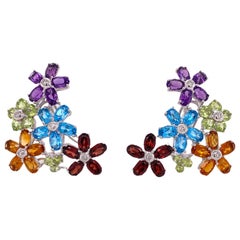 Colorful Diamond Gemstone Floral Earrings 14 Karat White Gold Leverback