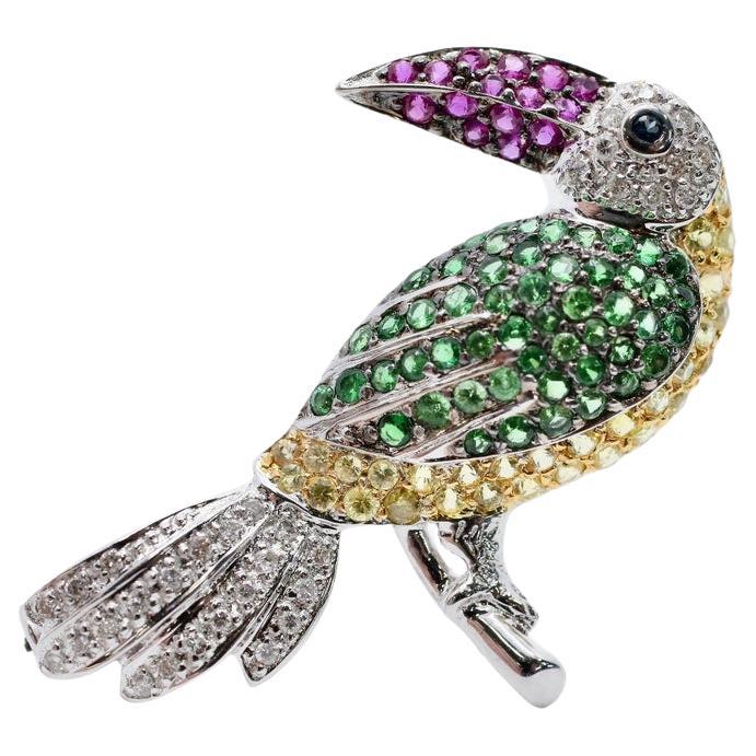 Colorful Diamond, Ruby, & Sapphire Toucan Bird Pendant Brooch 18K White Gold For Sale