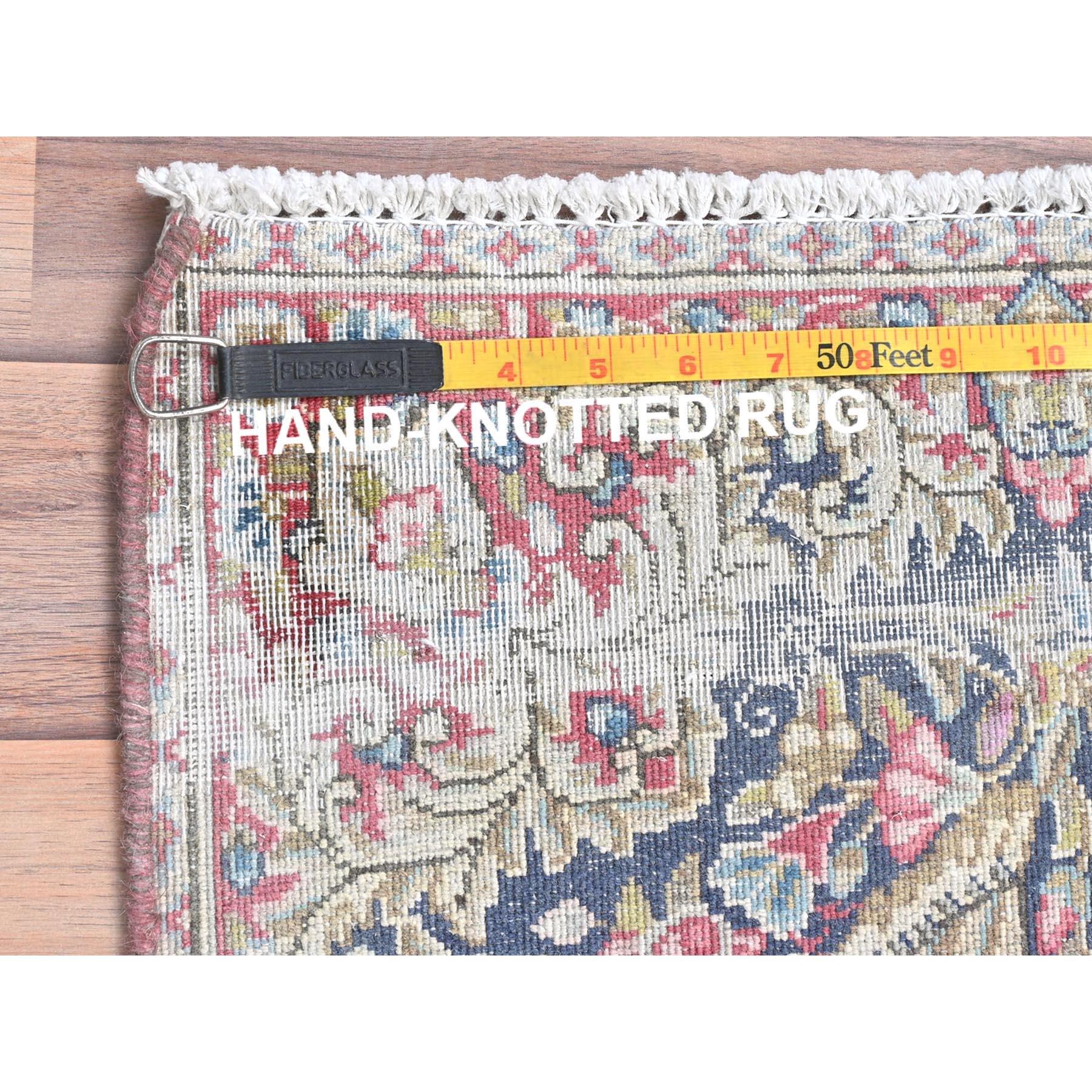 Colorful Distressed Look Worn Wool Hand Knotted Old Persian Kerman Rug 1