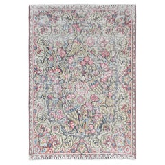 Colorful Distressed Look Worn Wool Hand Knotted Old Persian Kerman Rug