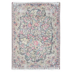 Colorful Distressed Look Worn Wool Hand Knotted Old Persian Kerman Rug