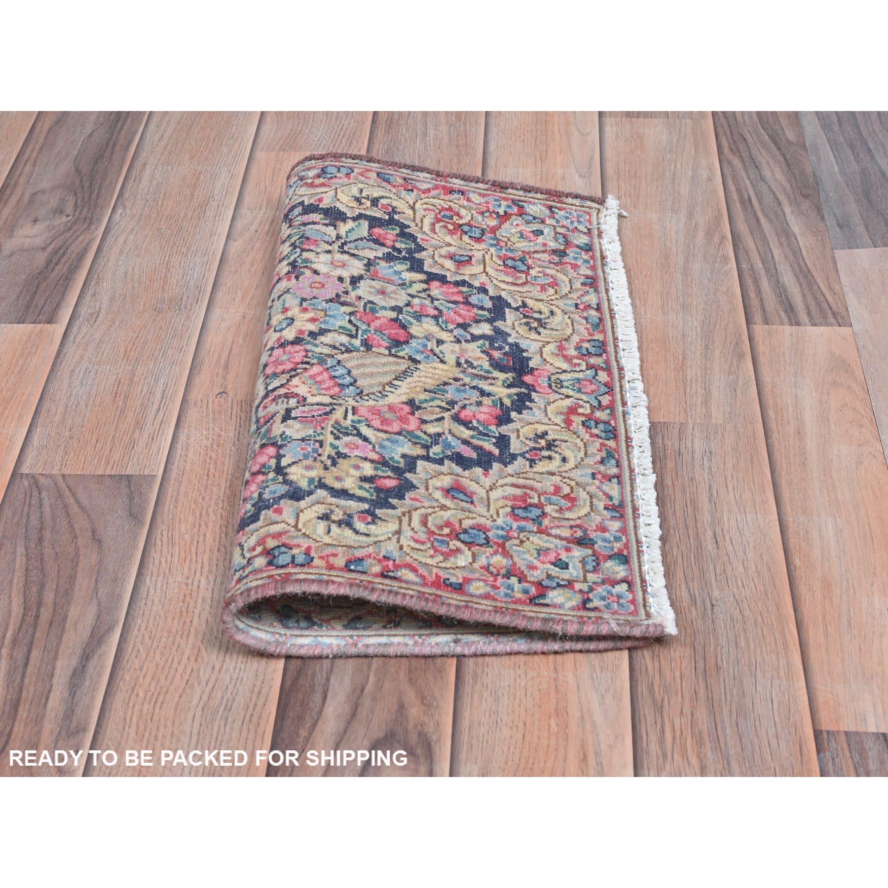 Colorful Distressed Look Worn Wool Hand Knotted Vintage Persian Kerman Rug In Good Condition For Sale In Carlstadt, NJ