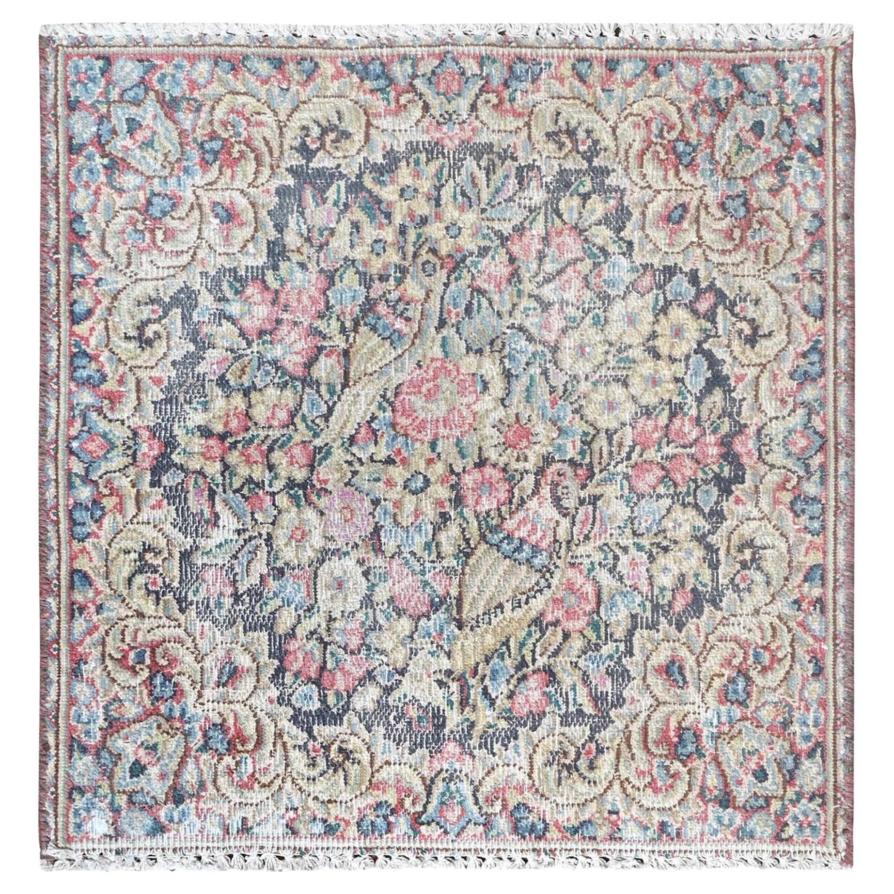 Colorful Distressed Look Worn Wool Hand Knotted Vintage Persian Kerman Rug For Sale