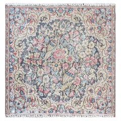 Colorful Distressed Look Worn Wool Hand Knotted Retro Persian Kerman Rug