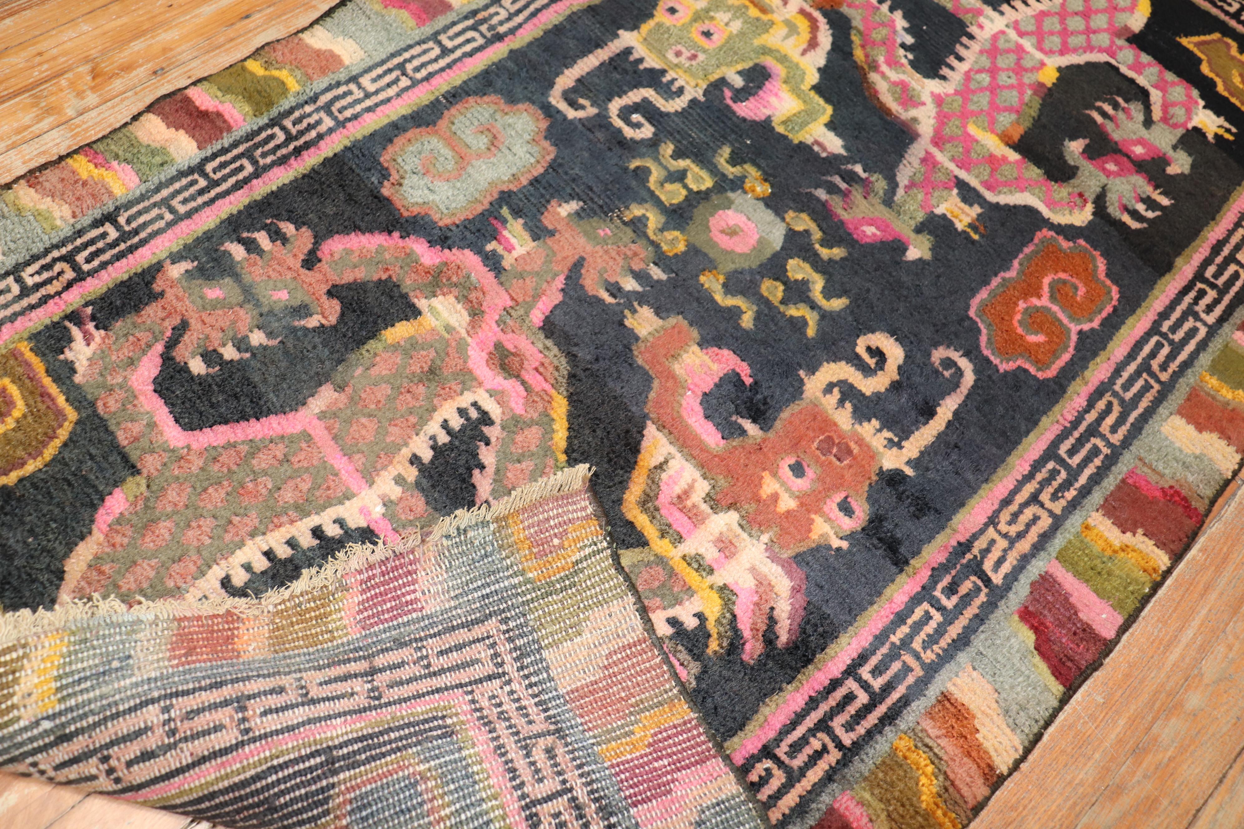 Archaistic Colorful Dragon Tibetan Early 20th Century Rug For Sale