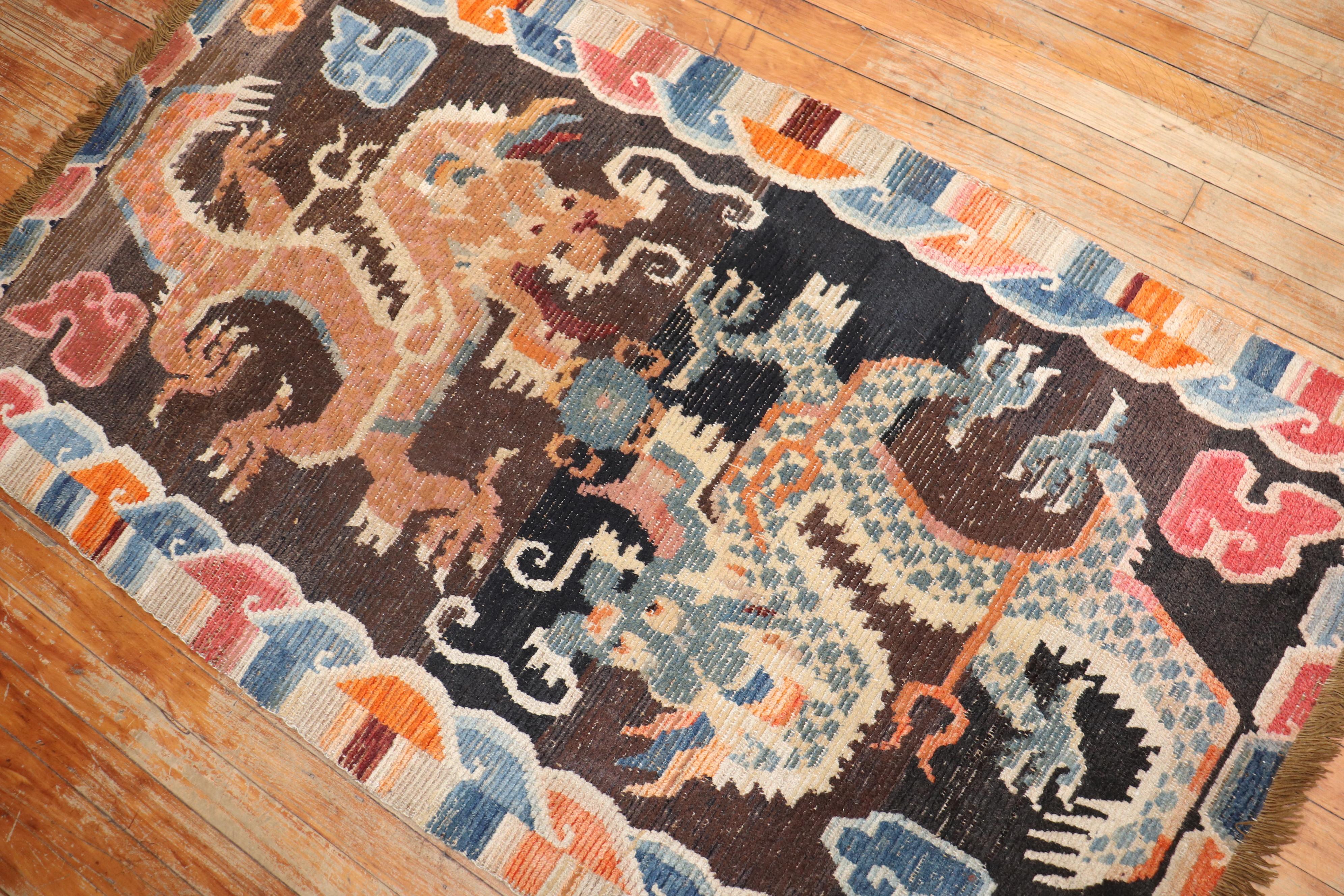 Archaistic Colorful Dragon Vintage Tibetan Early 20th Century Rug For Sale