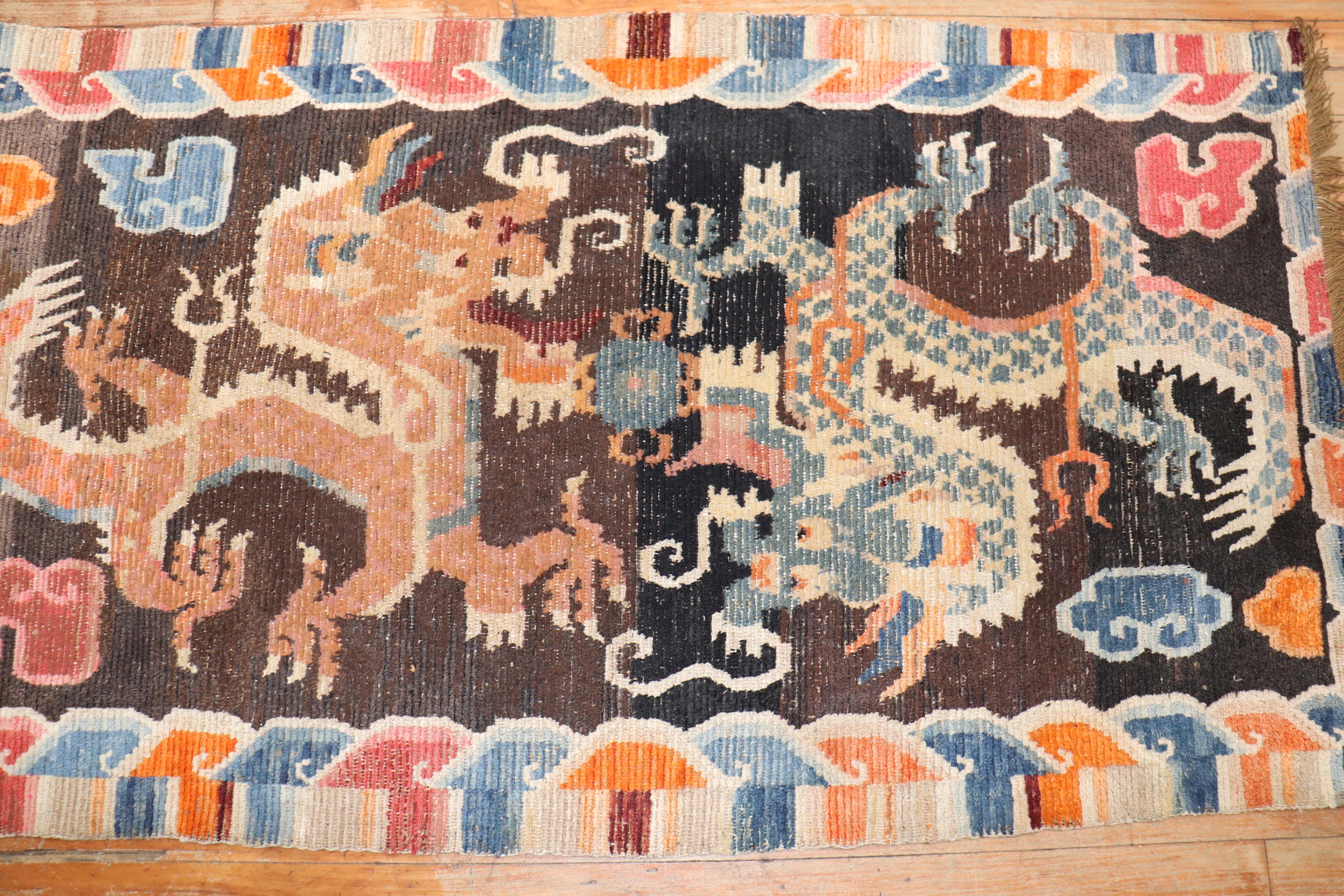 Hand-Woven Colorful Dragon Vintage Tibetan Early 20th Century Rug For Sale