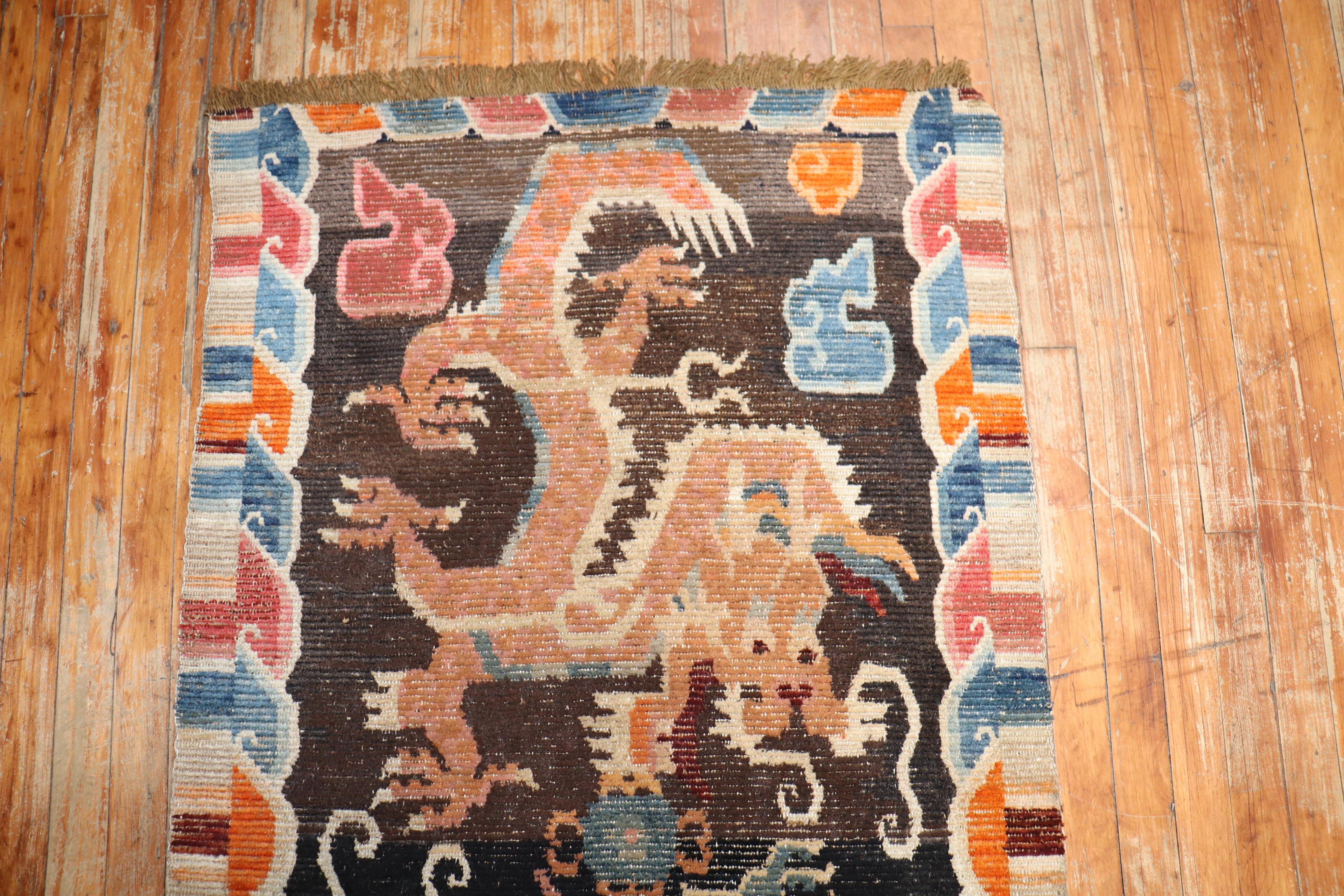 Wool Colorful Dragon Vintage Tibetan Early 20th Century Rug For Sale