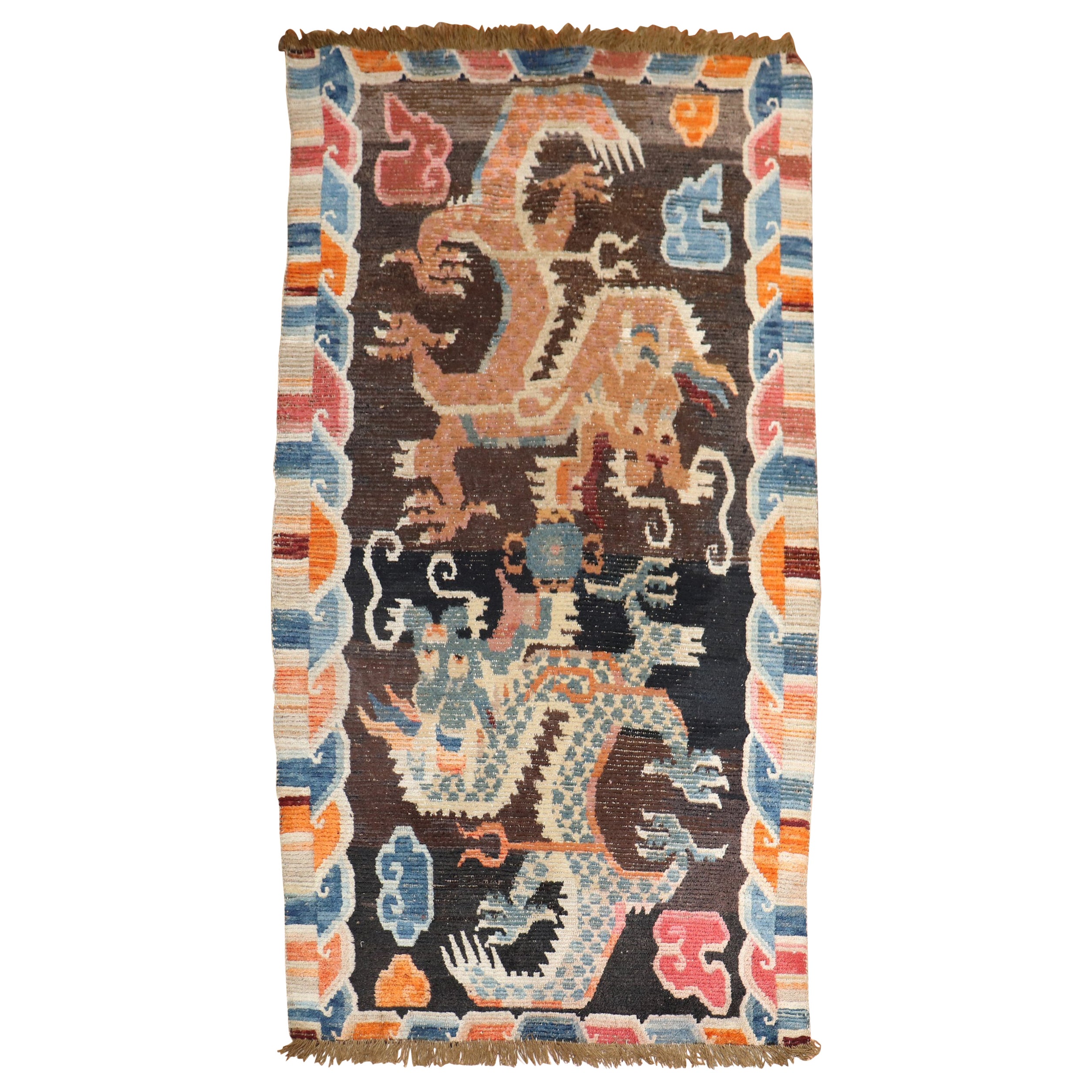 Tappeto vintage tibetano dei primi del Novecento con drago colorato