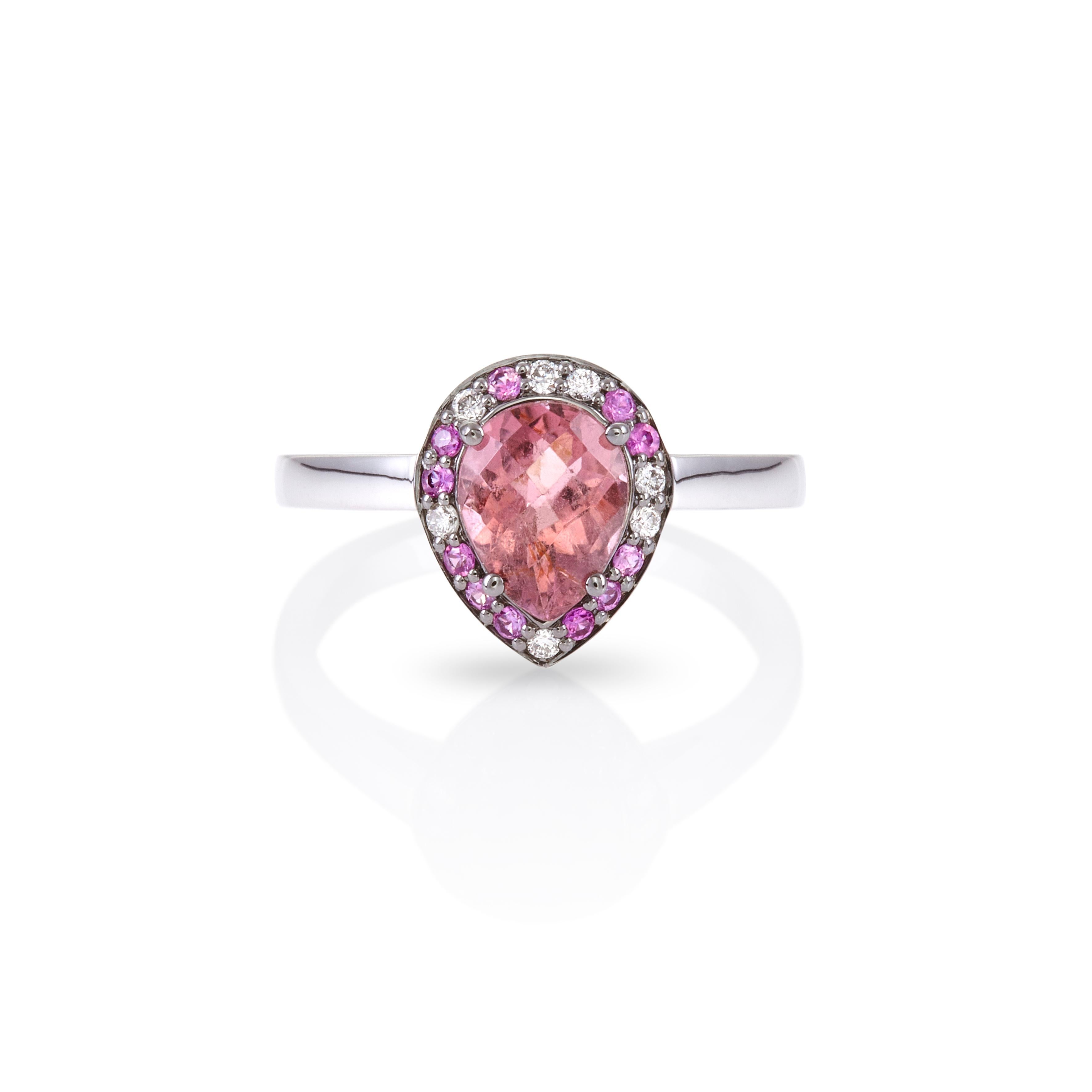 For Sale:  Colorful Drop Ring 18Kt White Gold with Red Tourmaline Pink Saphires and Diamond 2