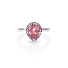 Colorful Drop Ring 18Kt White Gold with Red Tourmaline Pink Saphires and Diamond