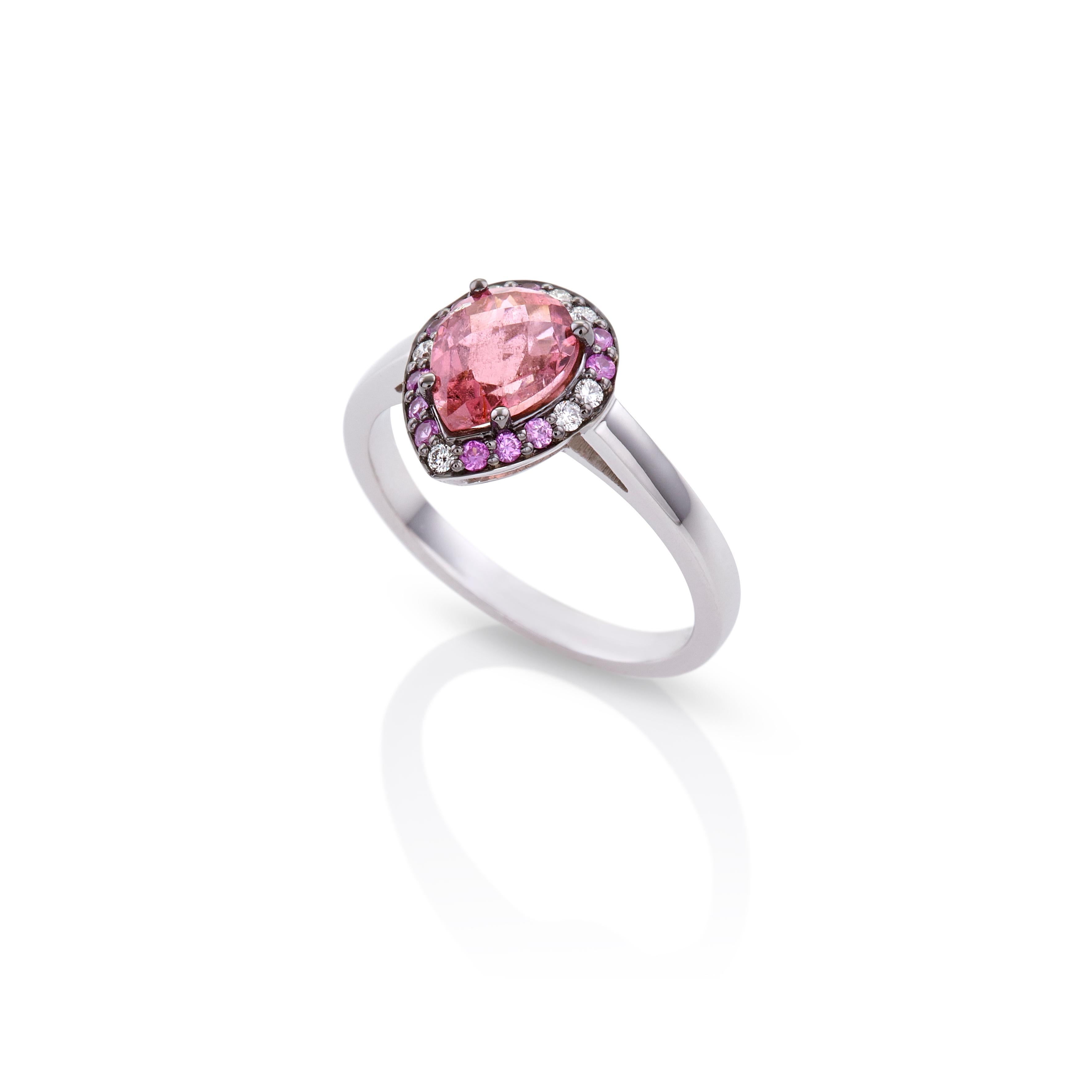 For Sale:  Colorful Drop Ring 18Kt White Gold with Red Tourmaline Pink Saphires and Diamond 3