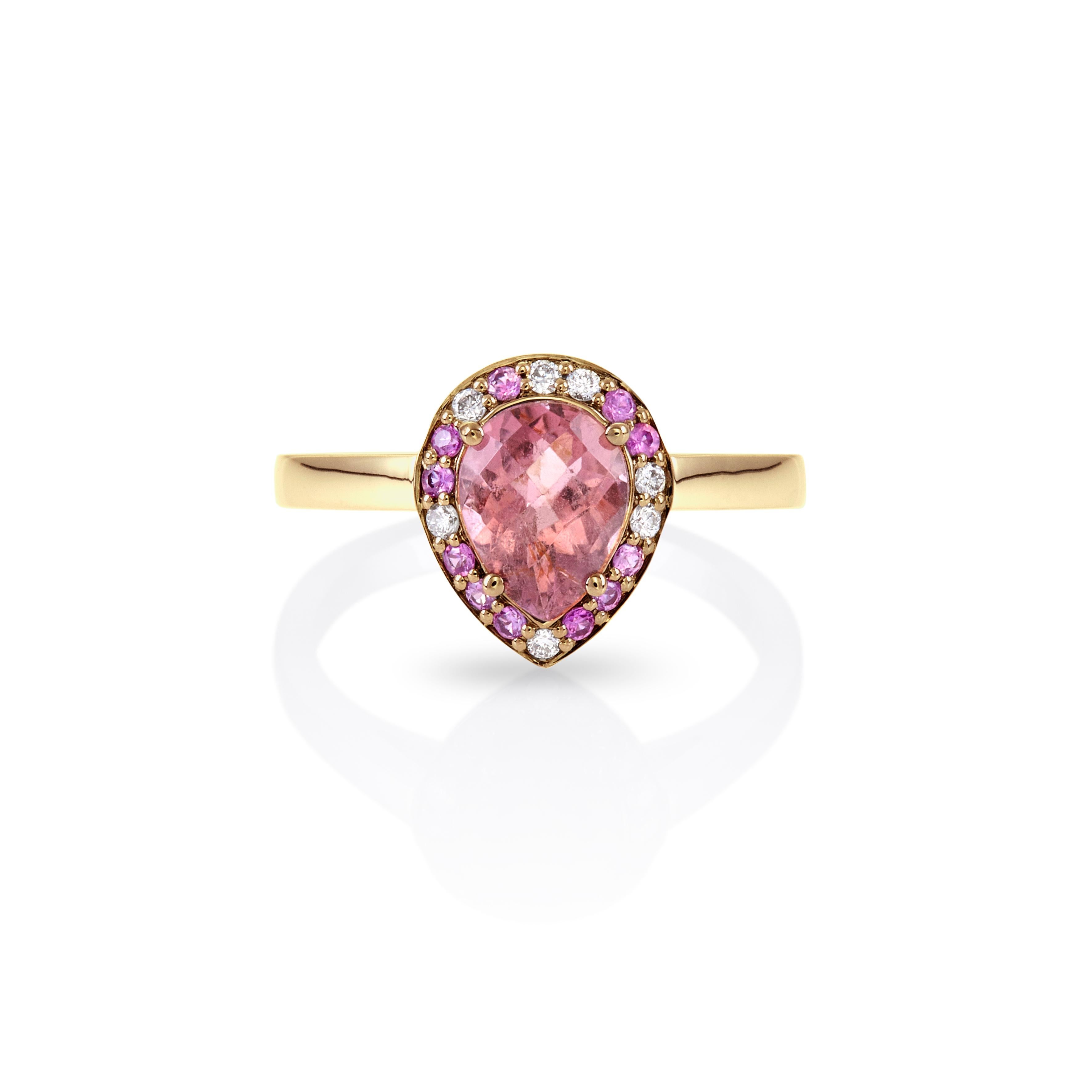 For Sale:  Colorful Drop Ring 18Kt White Gold with Red Tourmaline Pink Saphires and Diamond 5