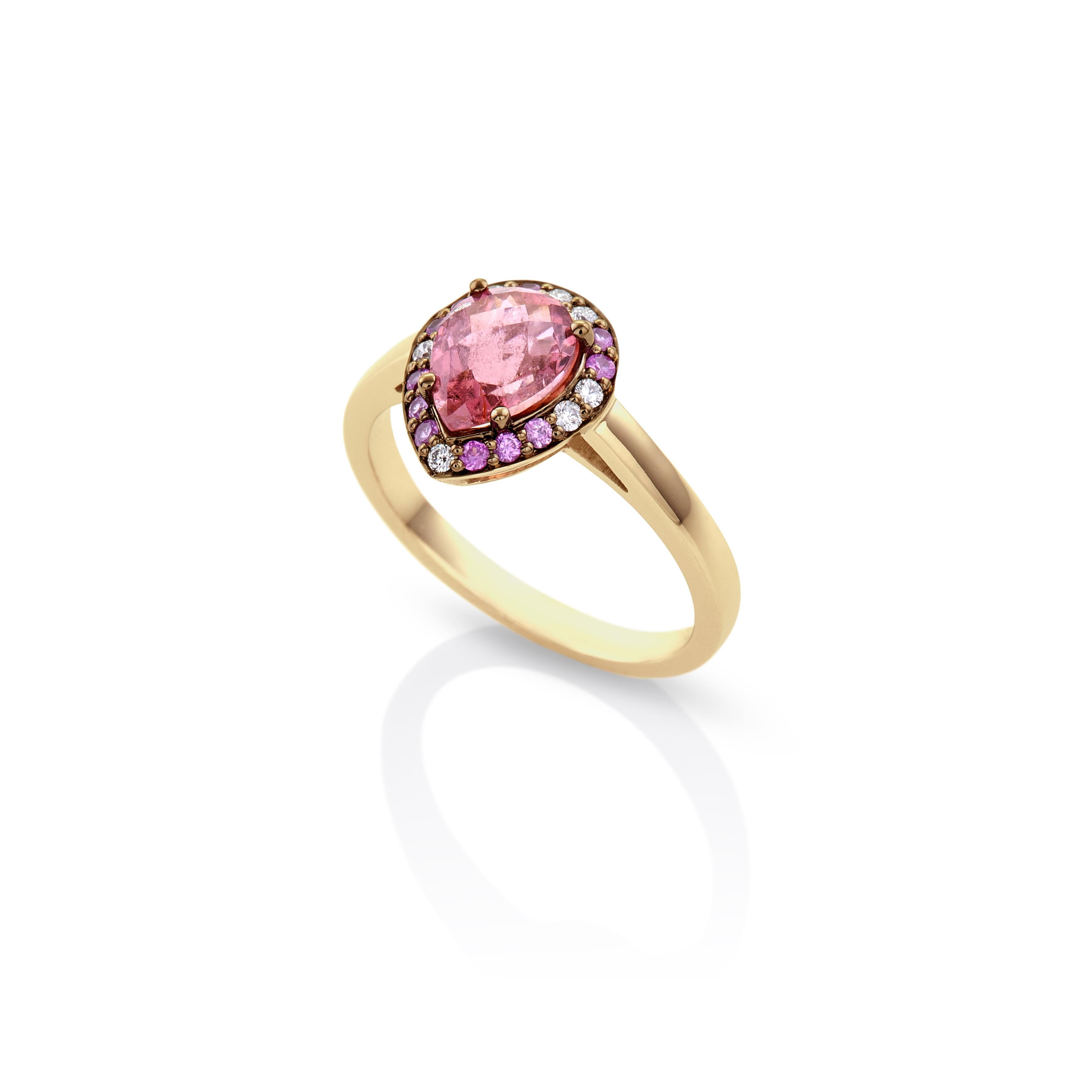 For Sale:  Colorful Drop Ring 18Kt White Gold with Red Tourmaline Pink Saphires and Diamond 6
