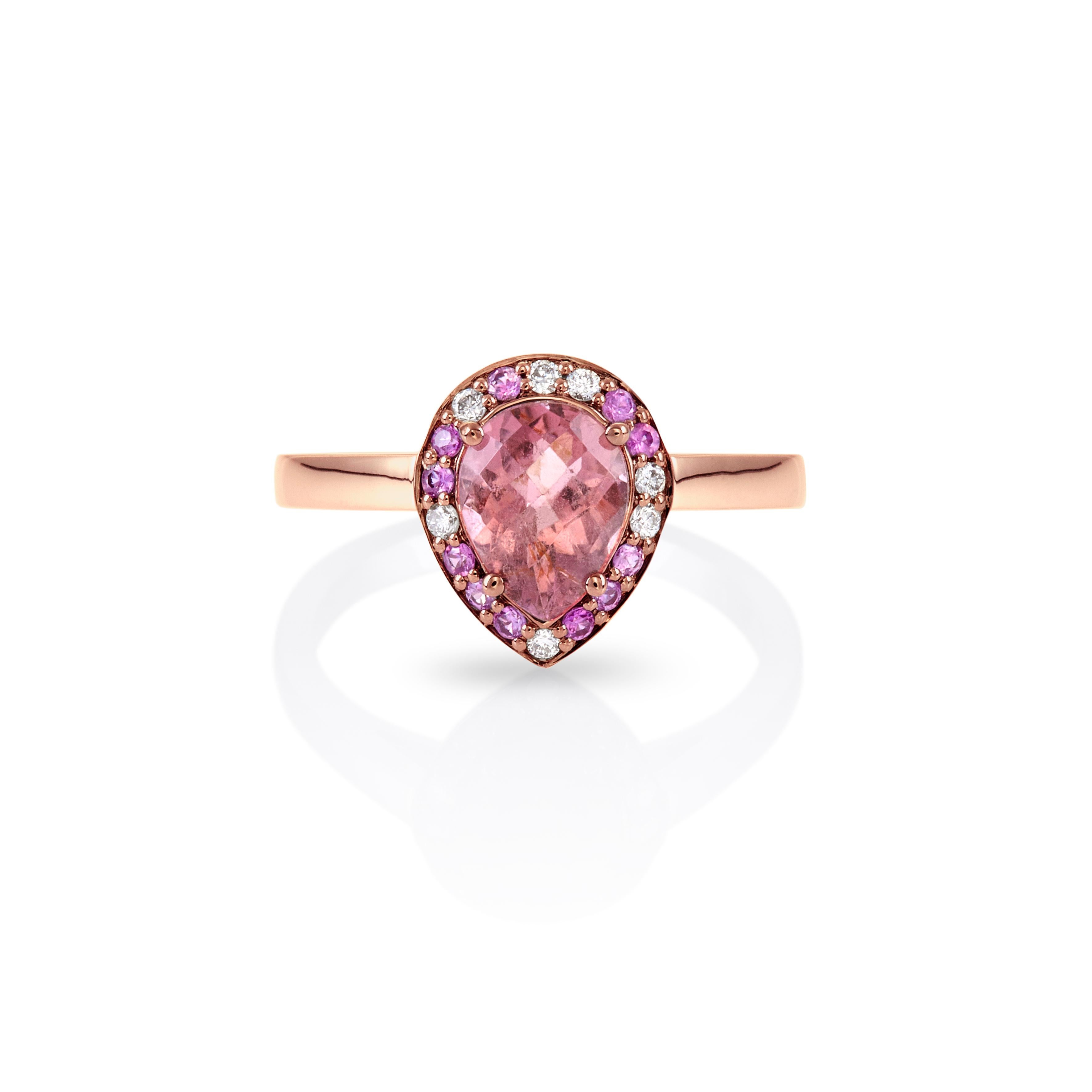 For Sale:  Colorful Drop Ring 18Kt White Gold with Red Tourmaline Pink Saphires and Diamond 8