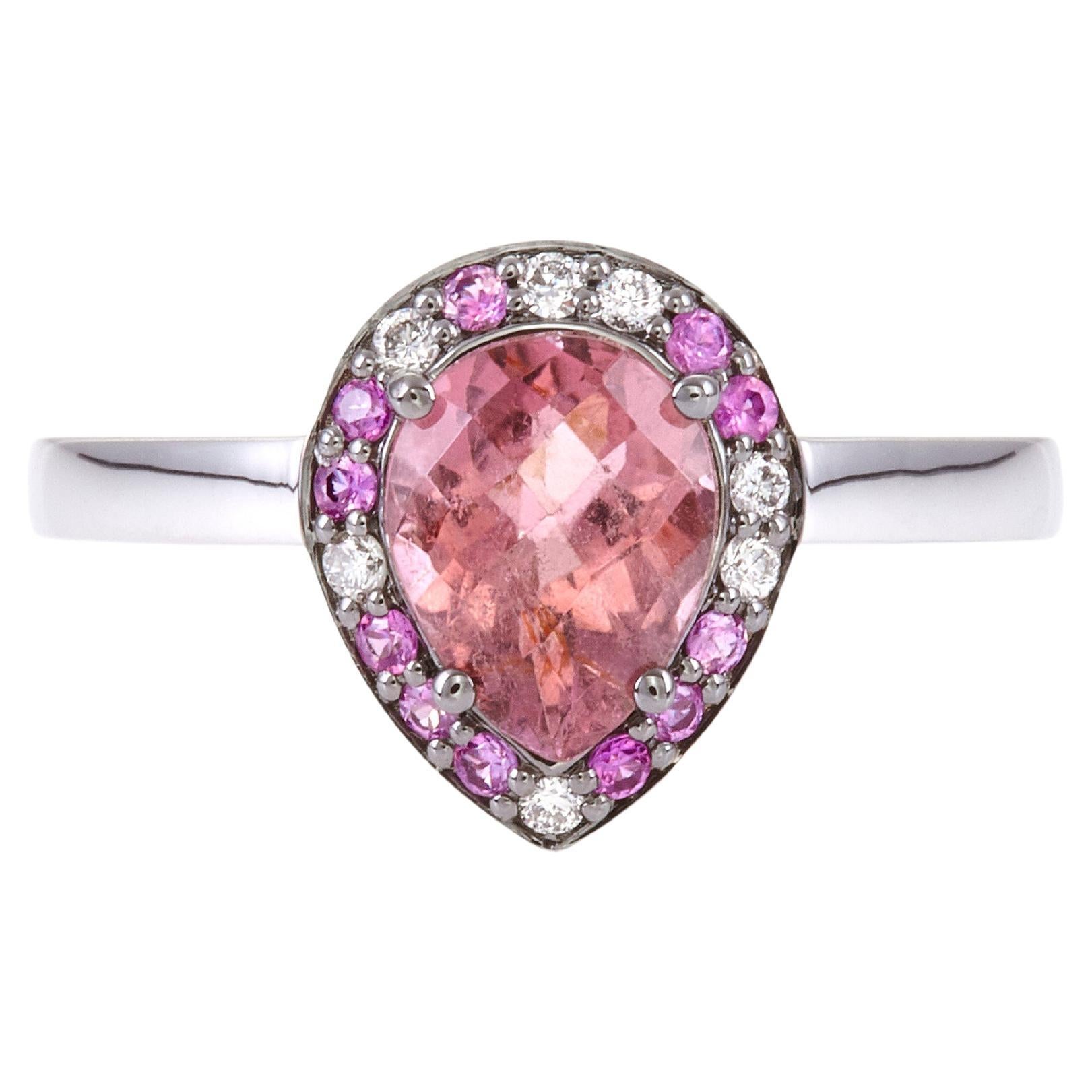 For Sale:  Colorful Drop Ring 18Kt White Gold with Red Tourmaline Pink Saphires and Diamond
