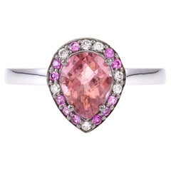Colorful Drop Ring 18Kt White Gold with Red Tourmaline Pink Saphires and Diamond
