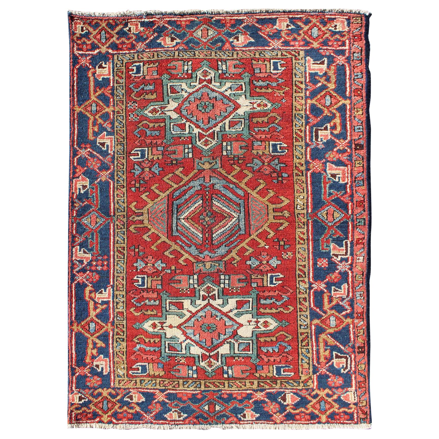 Colorful Early 20th Century Antique Persian Karadjeh Rug with Tribal Medallions