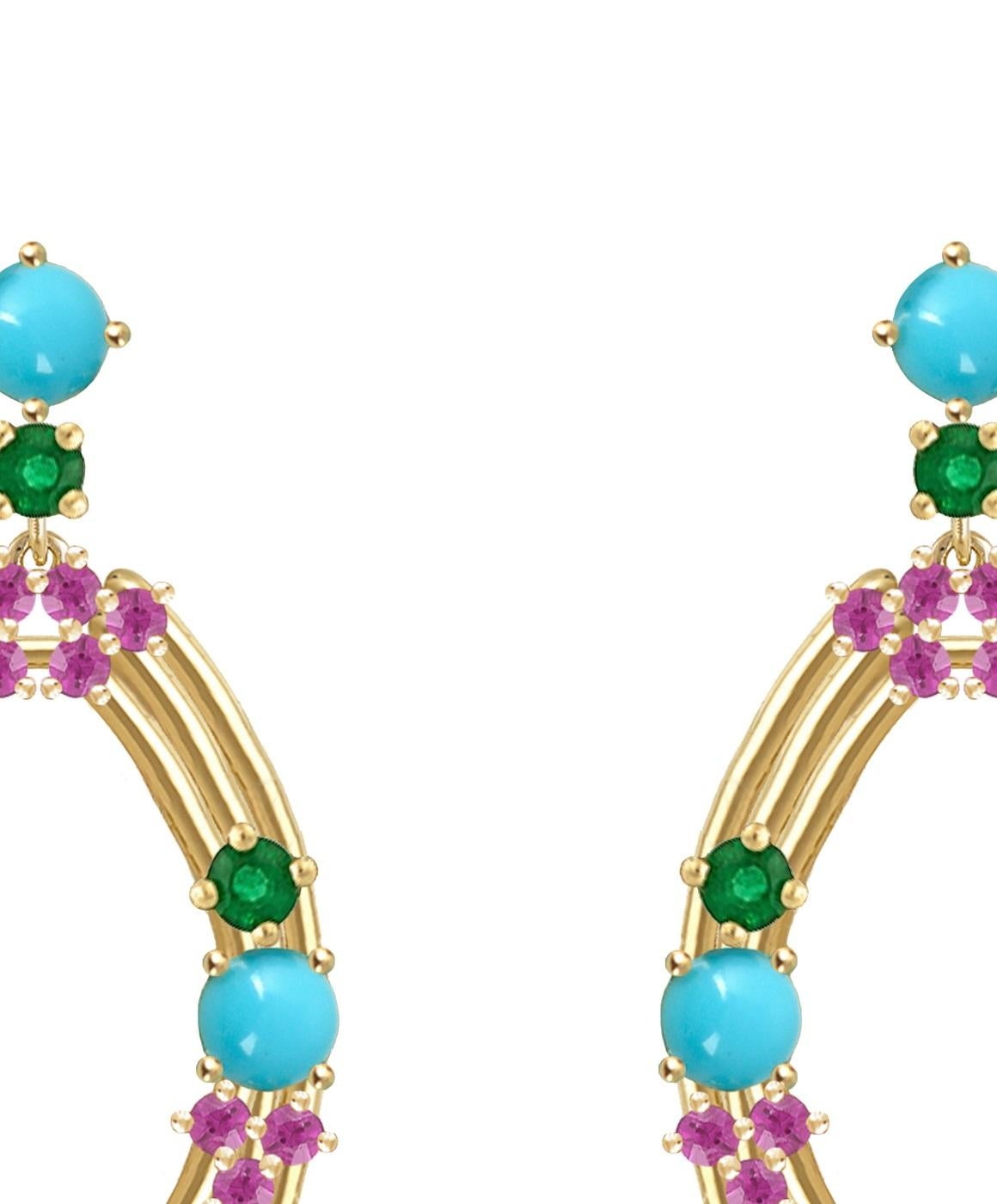 Rough Cut Colorful Earrings in 18 Karat Gold with Pink Sapphires, Emeralds, Turquoise