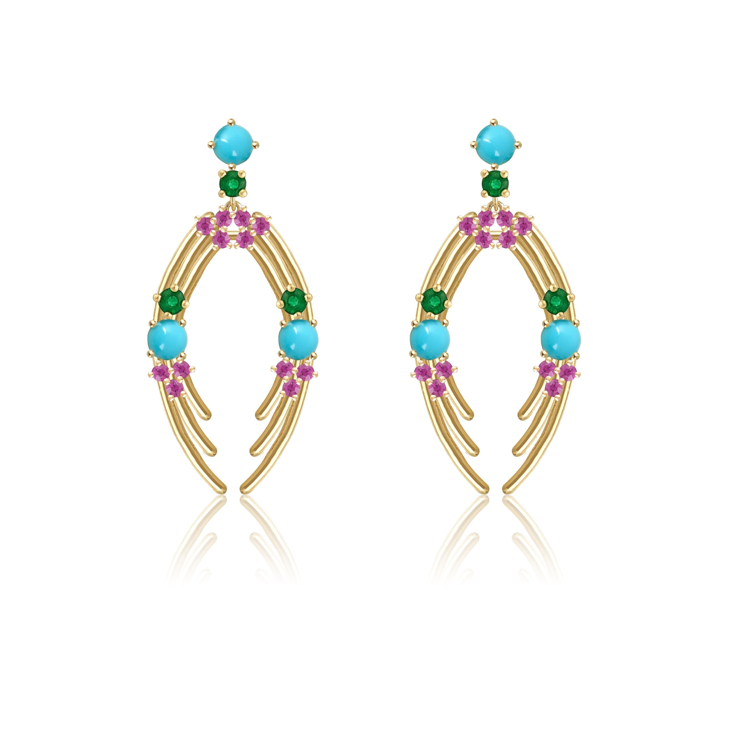 Colorful Earrings in 18 Karat Gold with Pink Sapphires, Emeralds, Turquoise In New Condition In Athens, Ekali