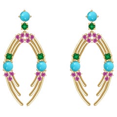 Colorful Earrings in 18 Karat Gold with Pink Sapphires, Emeralds, Turquoise