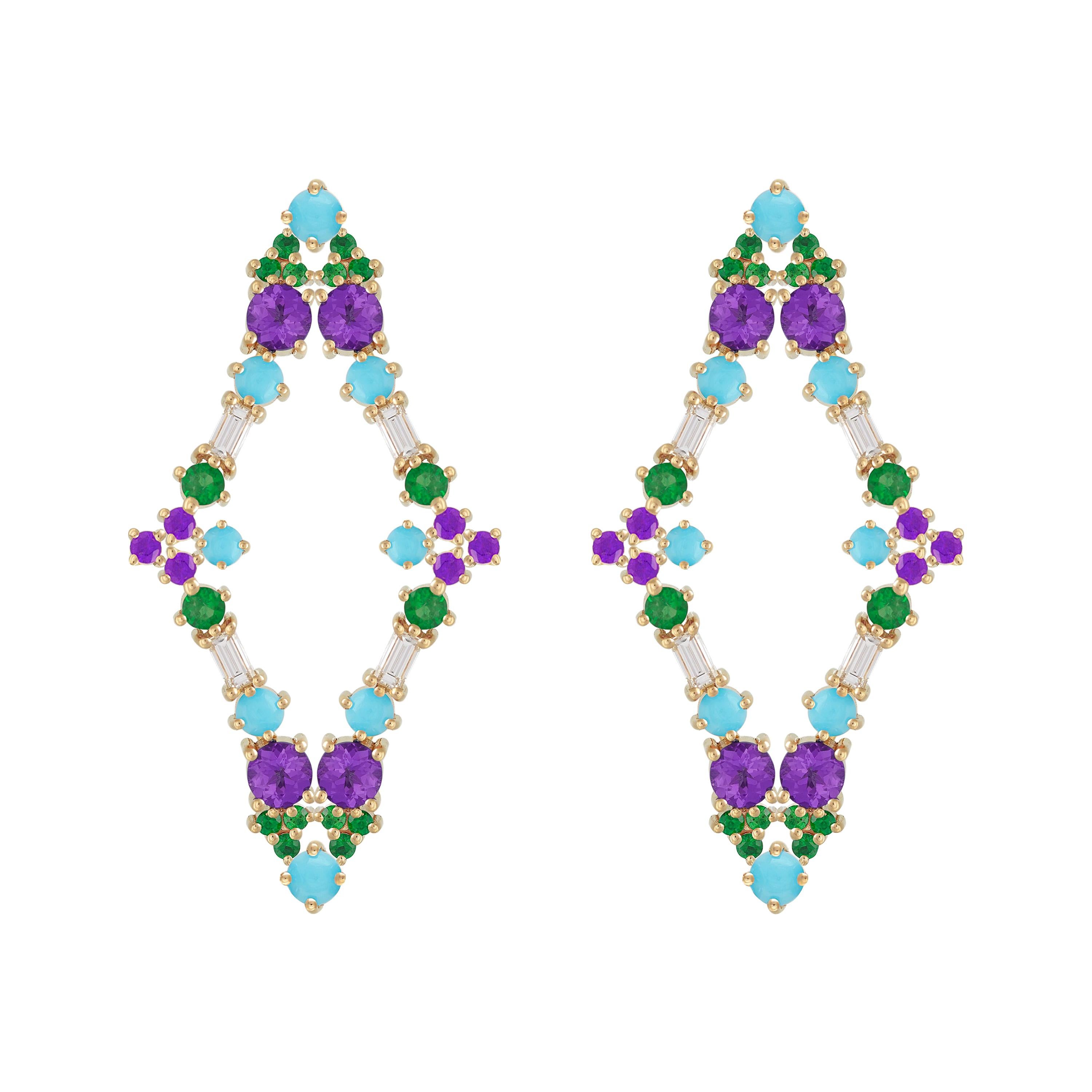 Colorful Earrings in 18kt Gold with Emeralds, Amethysts, Diamonds and Turquoise