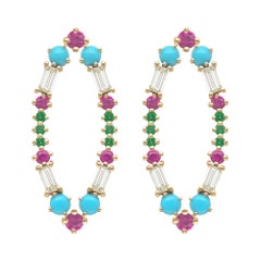 Colorful Earrings in 18k Gold with Pink Sapphires, Turquoise, Emeralds, Diamonds