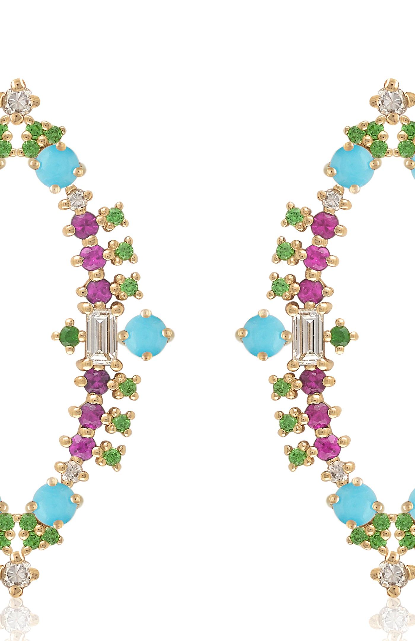 Designer: Alexia Gryllaki
Dimensions: L38x23mm
Weight: approximately 7.4g (pair)
Barcode: OFS049

Multi-stone earrings in 18 karat yellow gold with round faceted pink sapphires approx. 1.20cts, round faceted tsavorites approx. 0.52cts, round