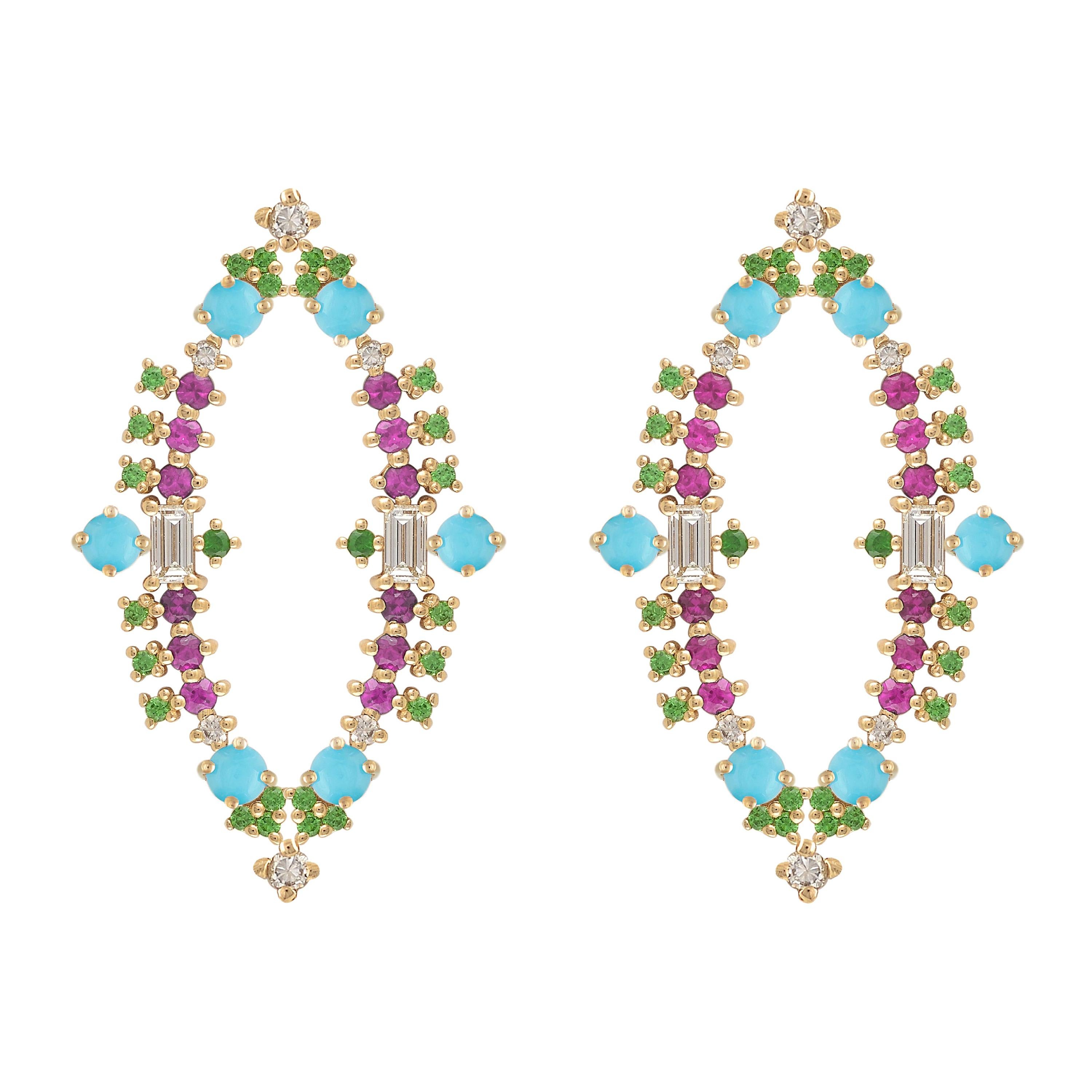 Colorful Earrings in 18k Gold with Pink Sapphires, Turquoise, Tsavorite, Diamond