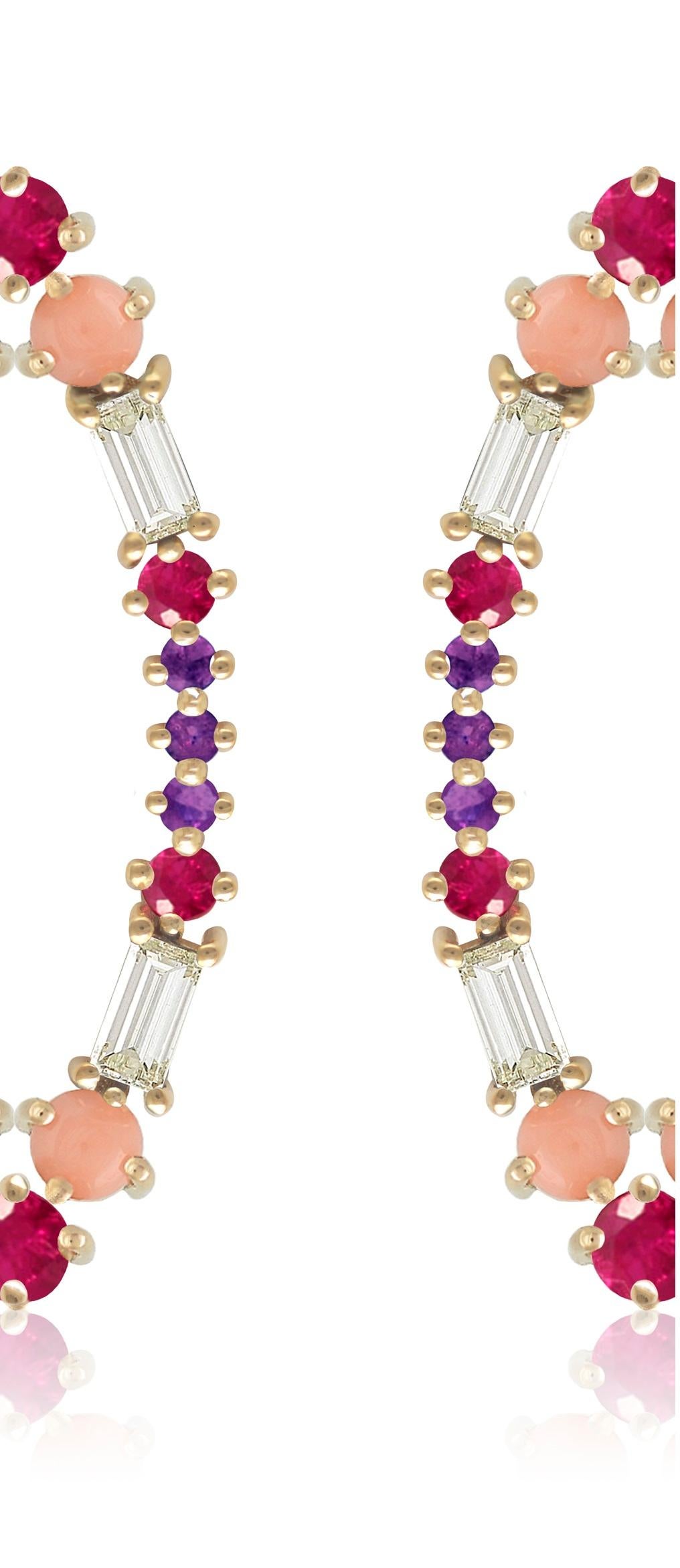 Designer: Alexia Gryllaki
Dimensions: L30x11mm
Weight: approximately 4.5g (pair)
Barcode: OFS054

Multi-stone earrings in 18 karat yellow gold with round faceted amethysts approx. 0.18cts, round faceted rubies approx. 0.84cts, round cabochon corals