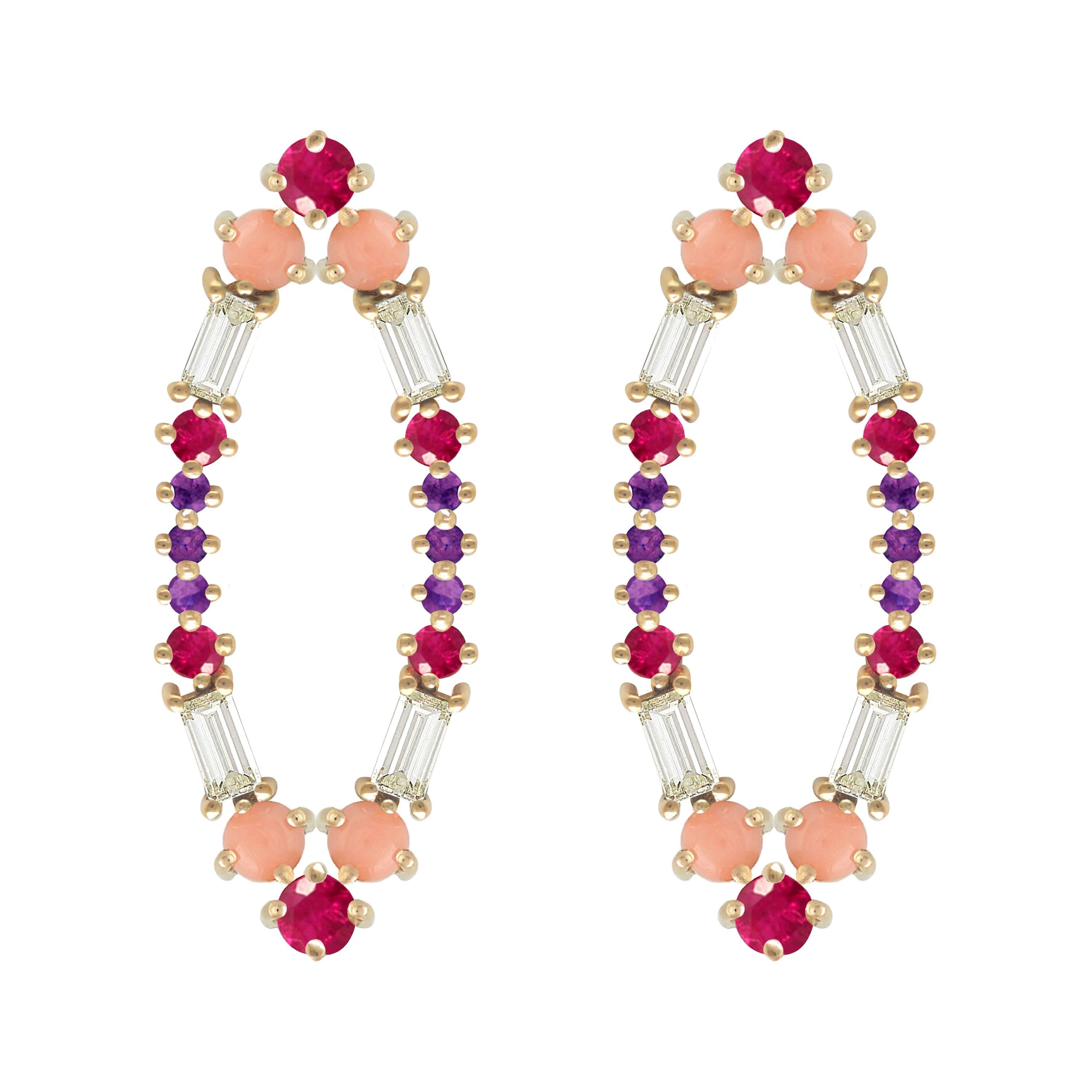 Colorful Earrings in 18kt Gold with Rubies, Amethysts, Corals and Diamonds