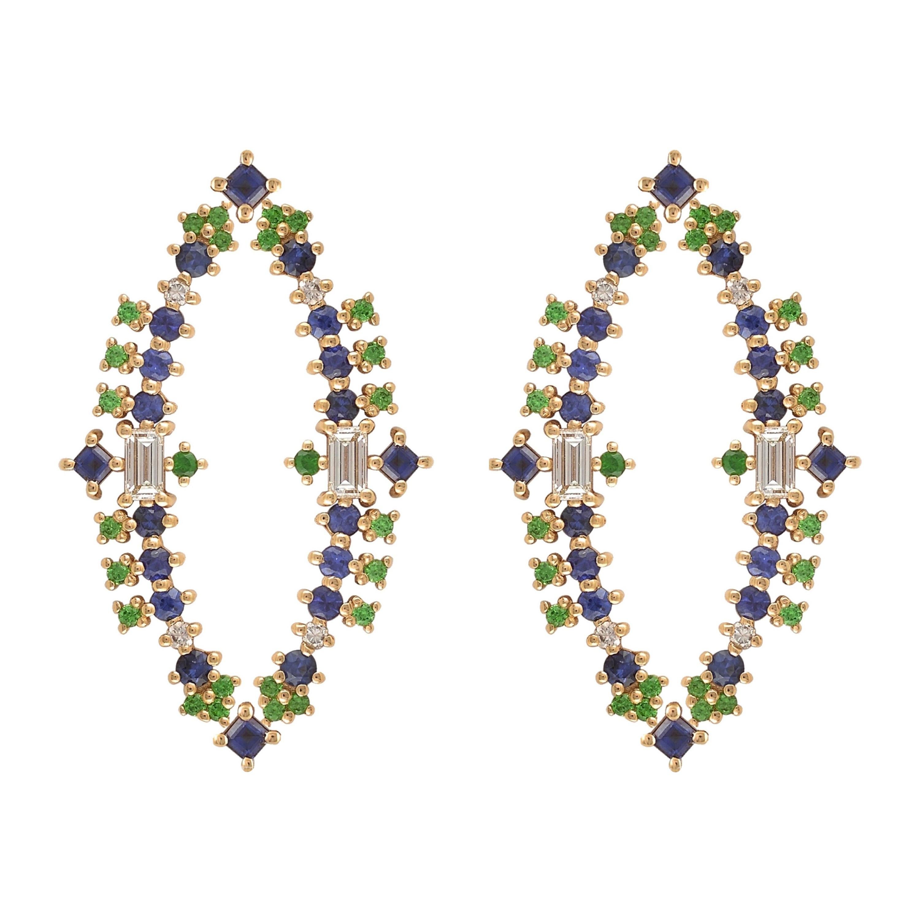 Colorful Earrings in 18k Gold with Sapphires, Tsavorites and Diamonds