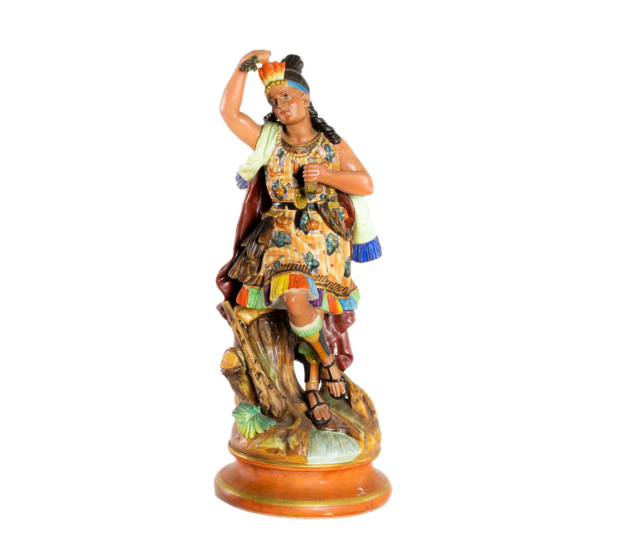 Hand-Painted Colorful Earthenware Inca Couple, Montereau Faïenceries, 19th Century For Sale