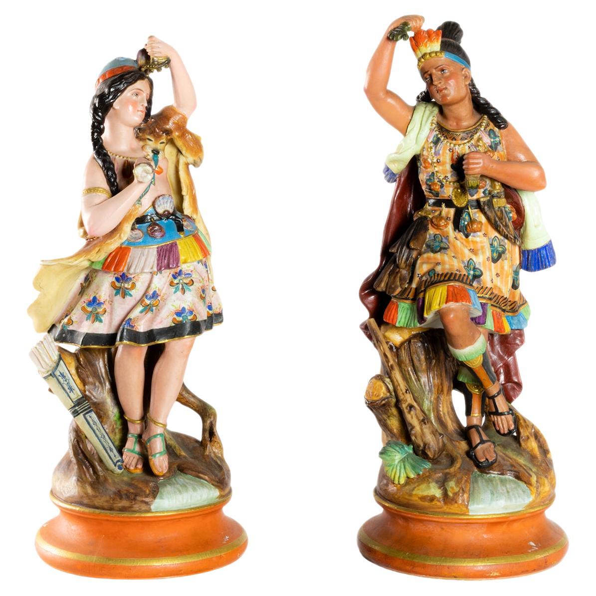 Colorful Earthenware Inca Couple, Montereau Faïenceries, 19th Century
