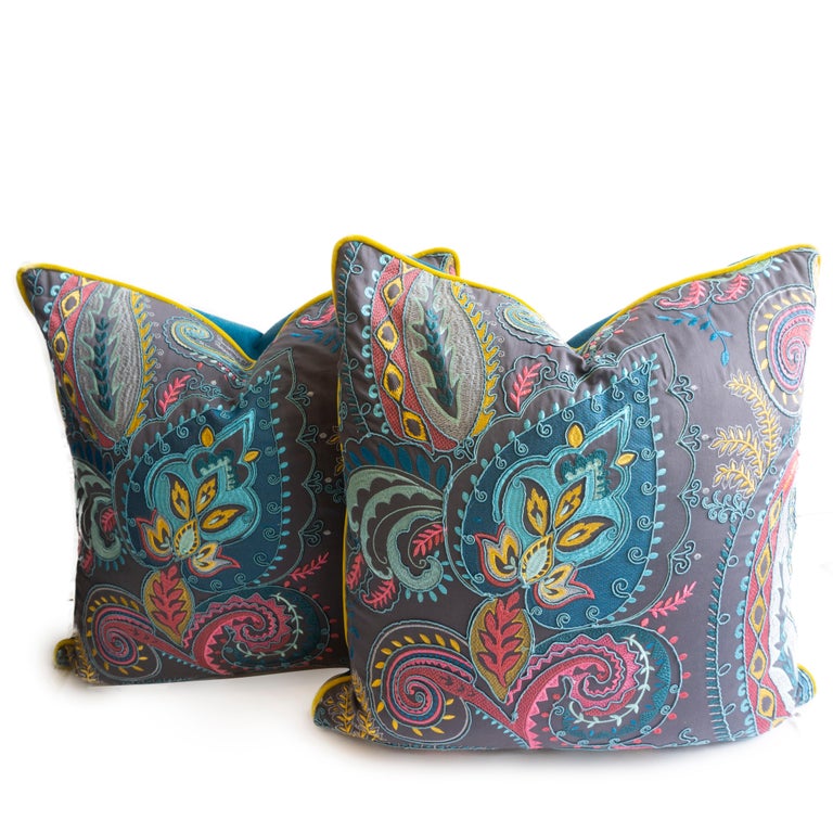 Colorful Embroidered Throw Pillows in Paisley Pattern For Sale at