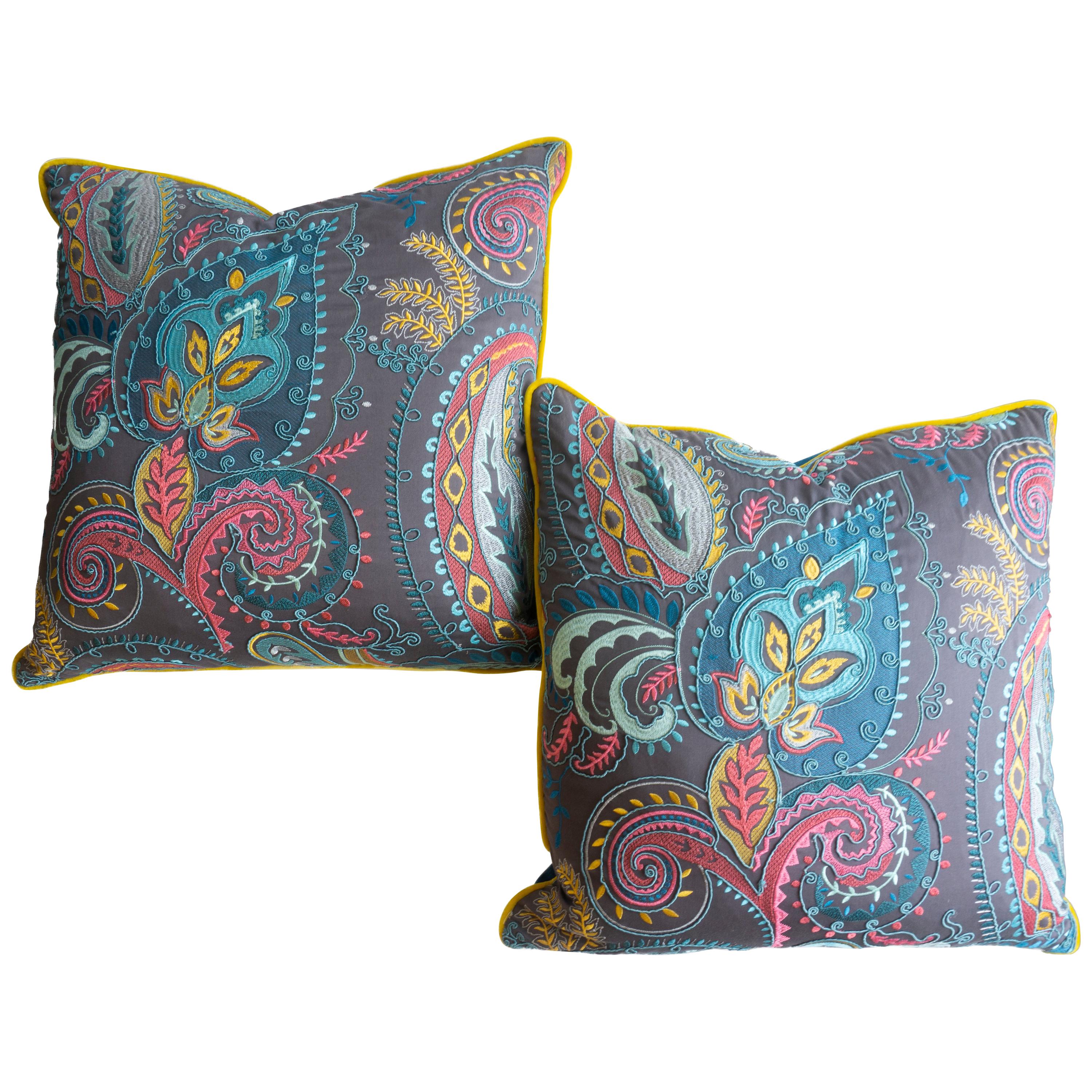 Colorful Embroidered Throw Pillows in Paisley Pattern
