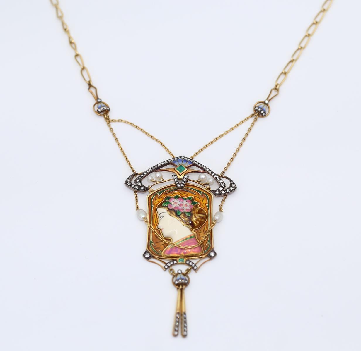 Art Nouveau Colorful Enamel 18K Gold Pendant Necklace, 1990 For Sale