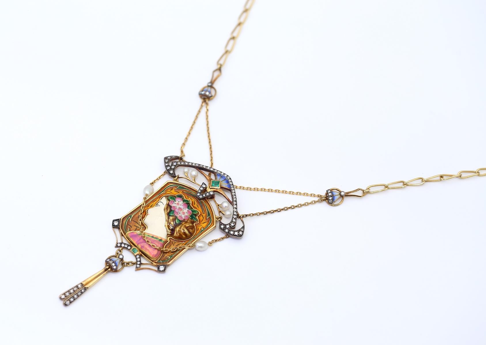 Women's Colorful Enamel 18K Gold Pendant Necklace, 1990 For Sale