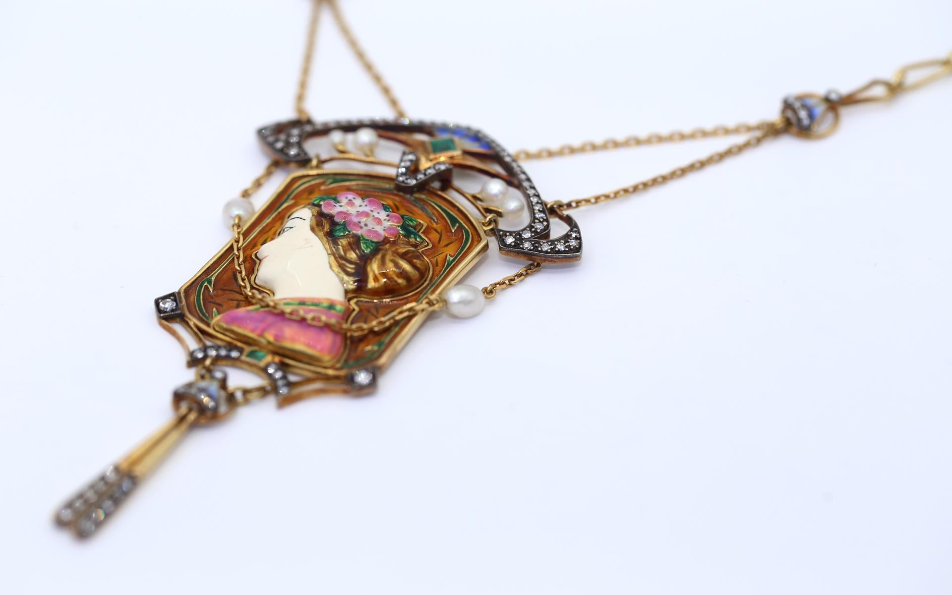 Colorful Enamel 18K Gold Pendant Necklace, 1990 For Sale 1
