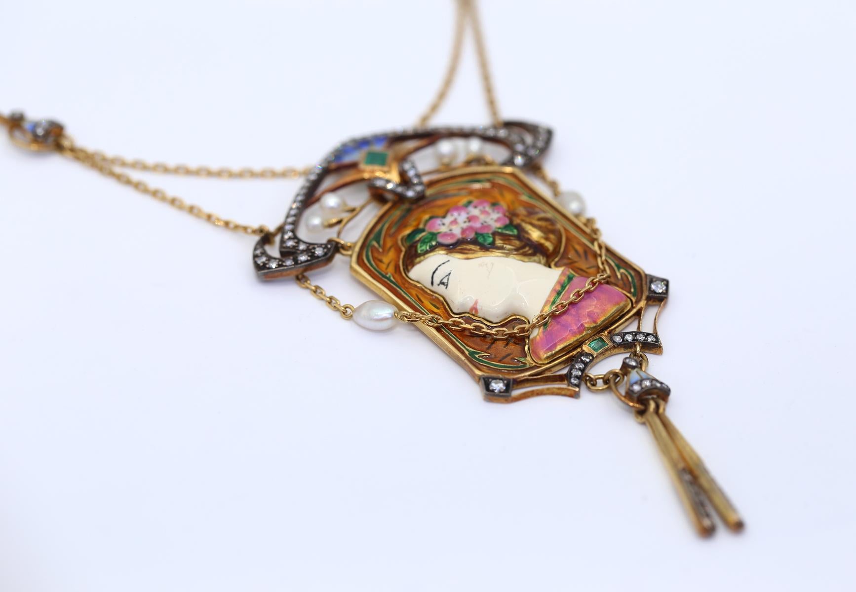 Colorful Enamel 18K Gold Pendant Necklace, 1990 For Sale 2