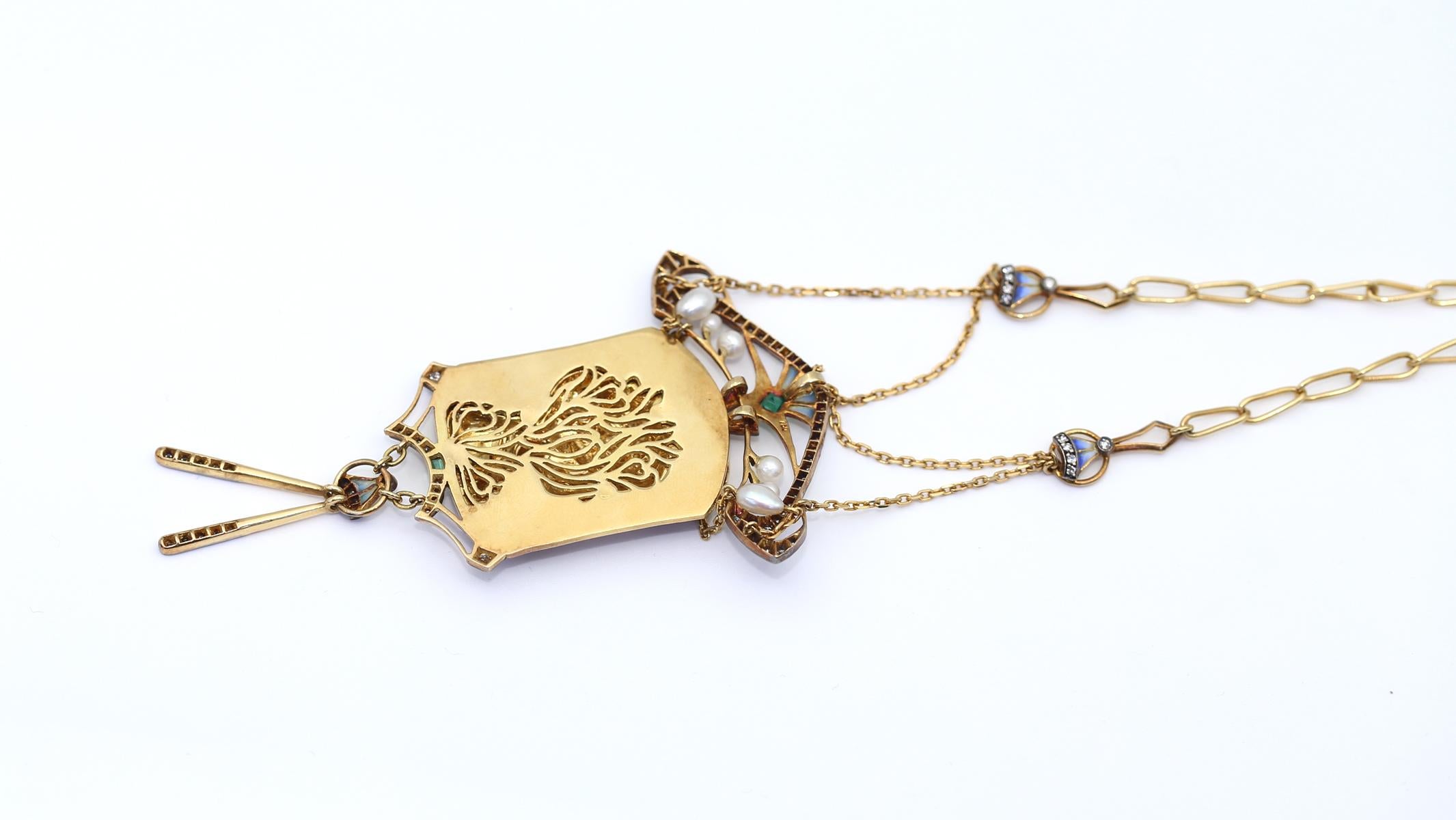 Colorful Enamel 18K Gold Pendant Necklace, 1990 For Sale 3